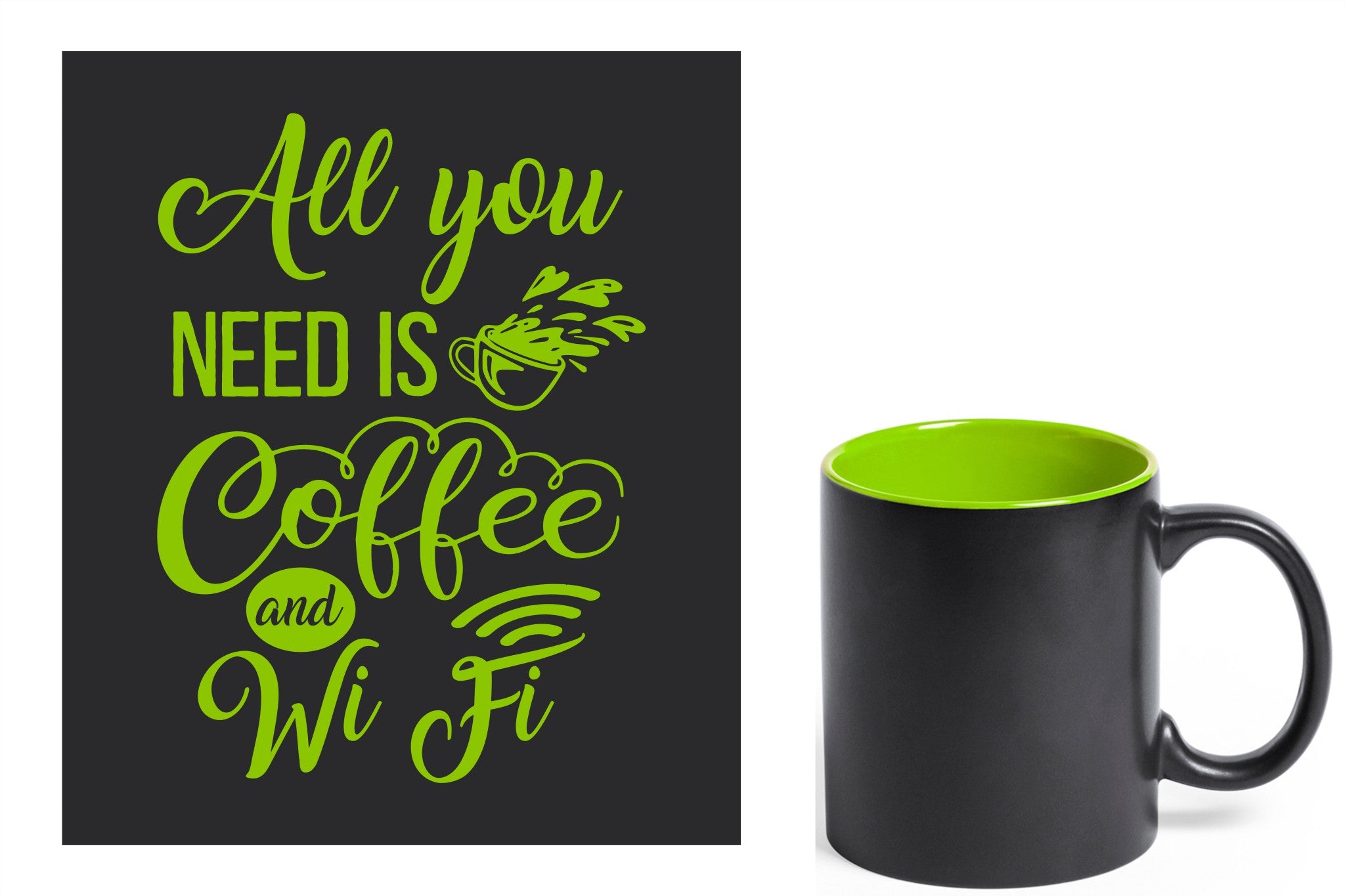 zwarte keramische mok met groene gravure  'All you need is coffee and wifi'.