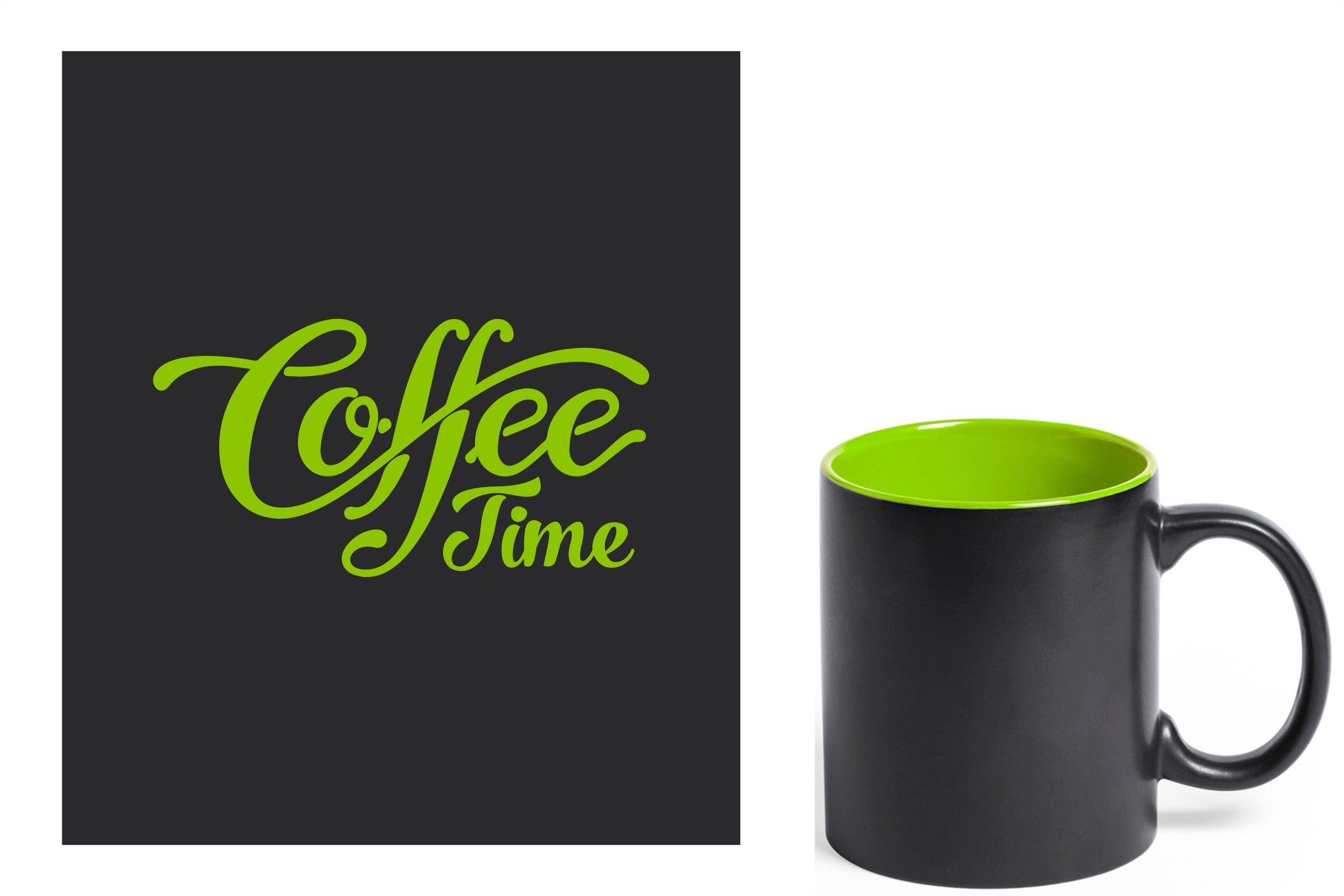 zwarte keramische mok met groene gravure  'Coffee time'.