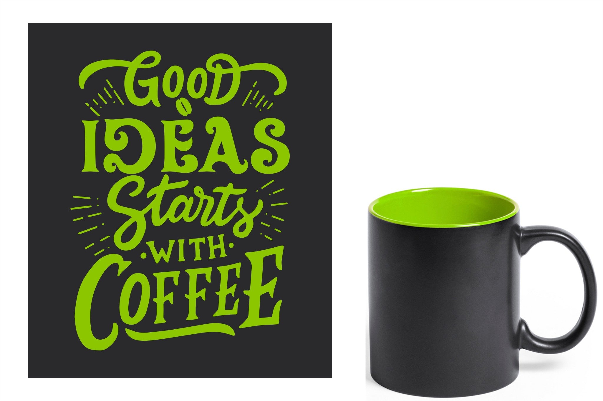 zwarte keramische mok met groene gravure  'Good ideas starts with coffee'.