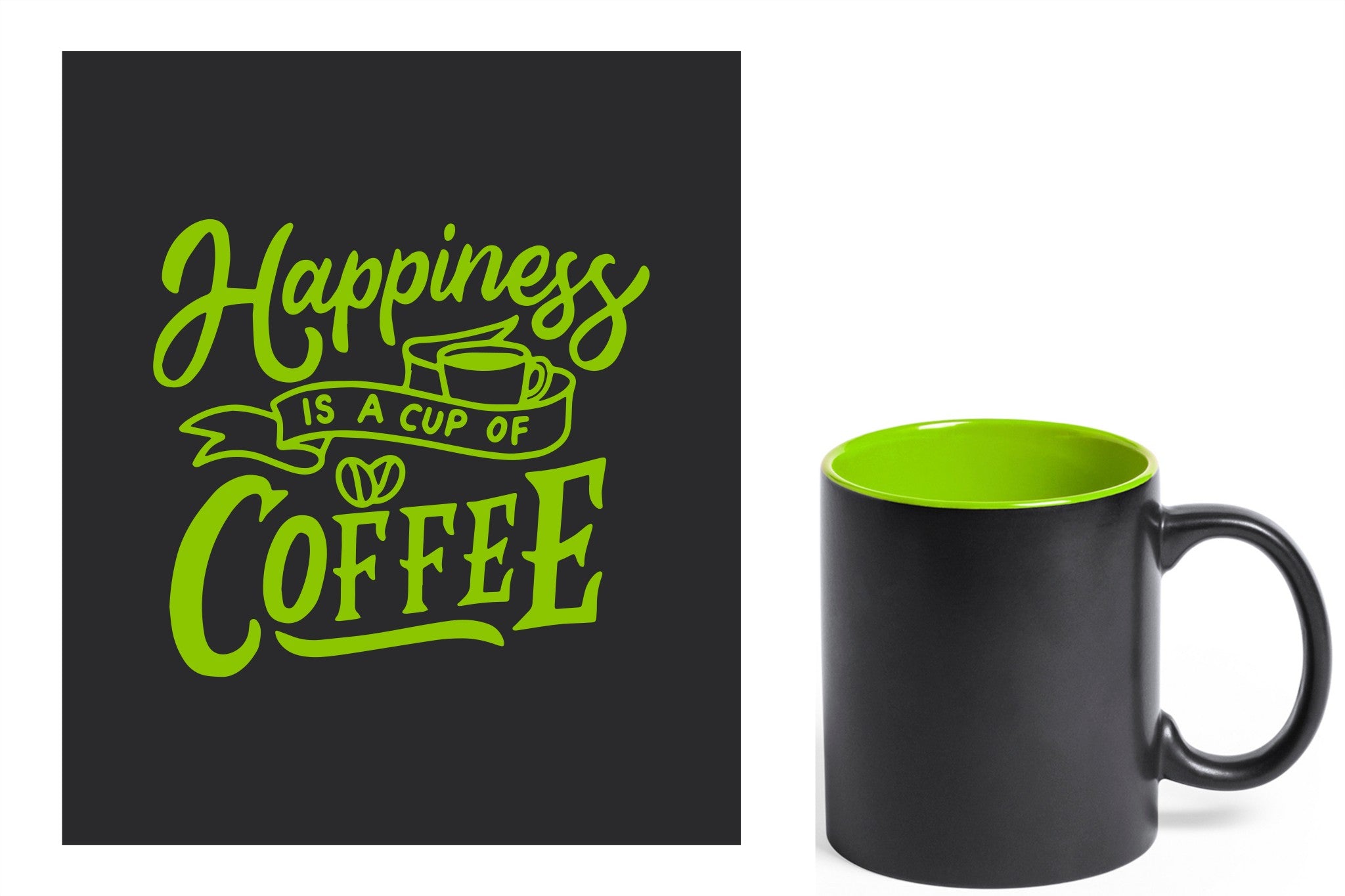 zwarte keramische mok met groene gravure  'Happiness is a cup of coffee'.