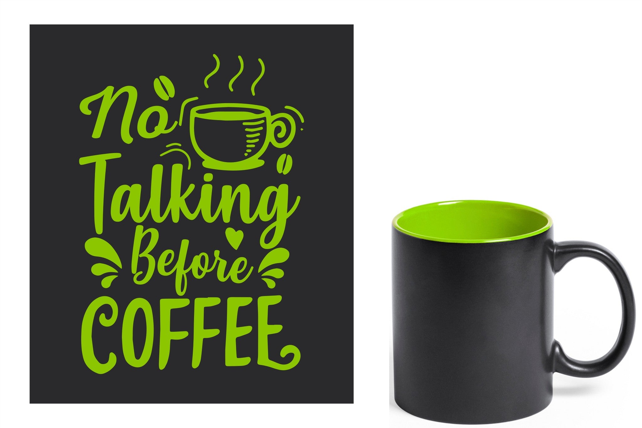 zwarte keramische mok met groene gravure  'No talking before coffee'.