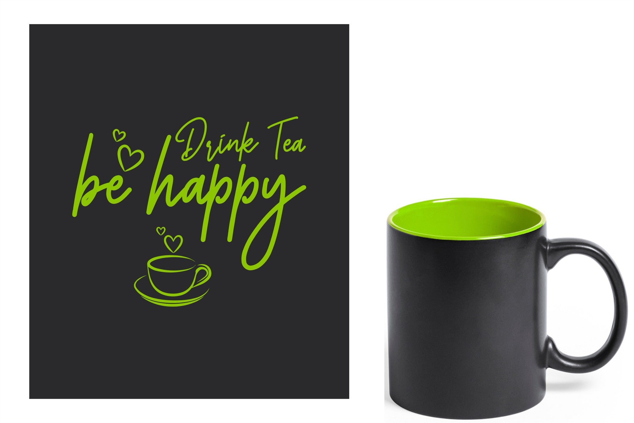 zwarte keramische mok met groene gravure  'Be happy drink tea'.