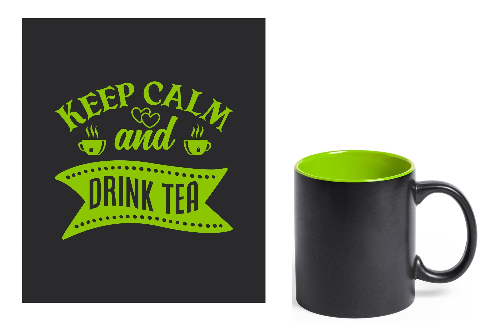 zwarte keramische mok met groene gravure  'Keep calm and drink tea'.