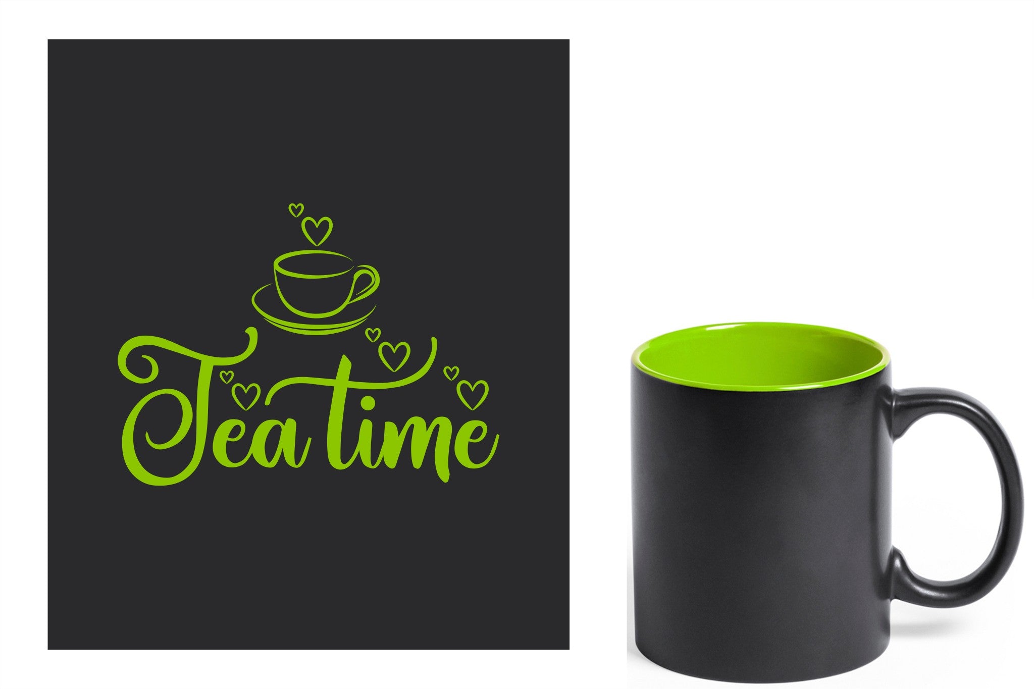 zwarte keramische mok met groene gravure  'tea time'.