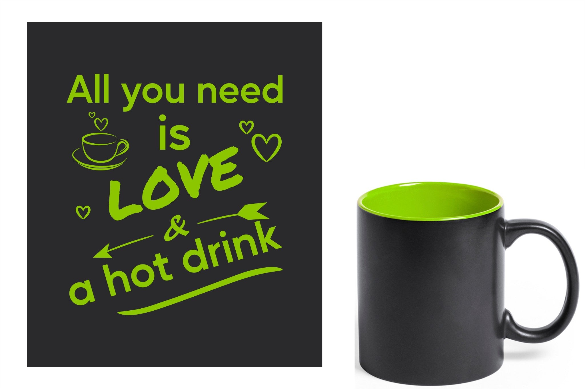 zwarte keramische mok met groene gravure  'All you need is love & a hot drink'.