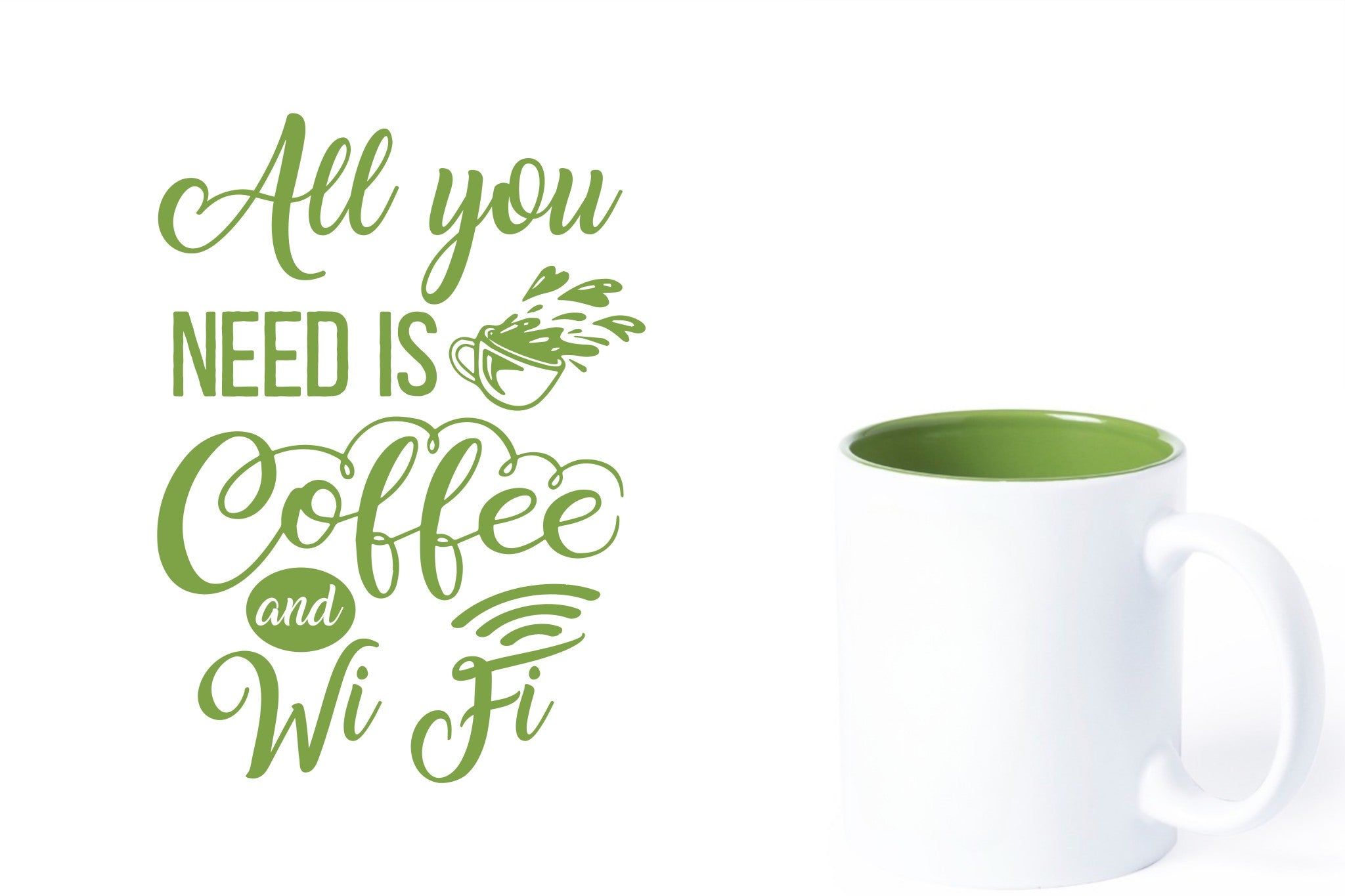 witte keramische mok met groene gravure  'All you need is coffee and wifi'.
