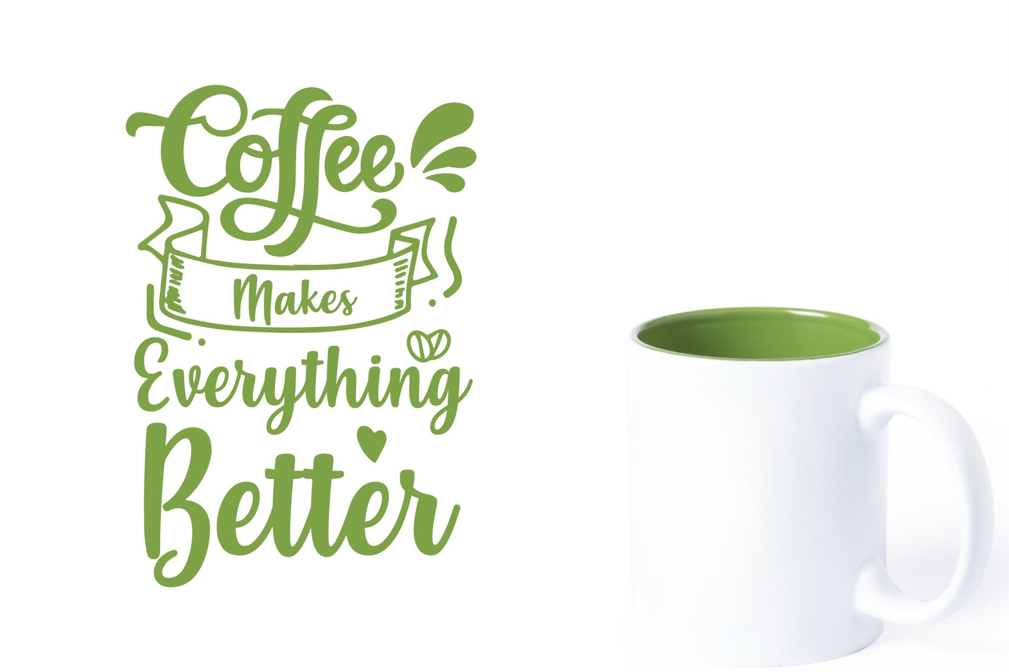 witte keramische mok met groene gravure  'Coffee makes everything better'.