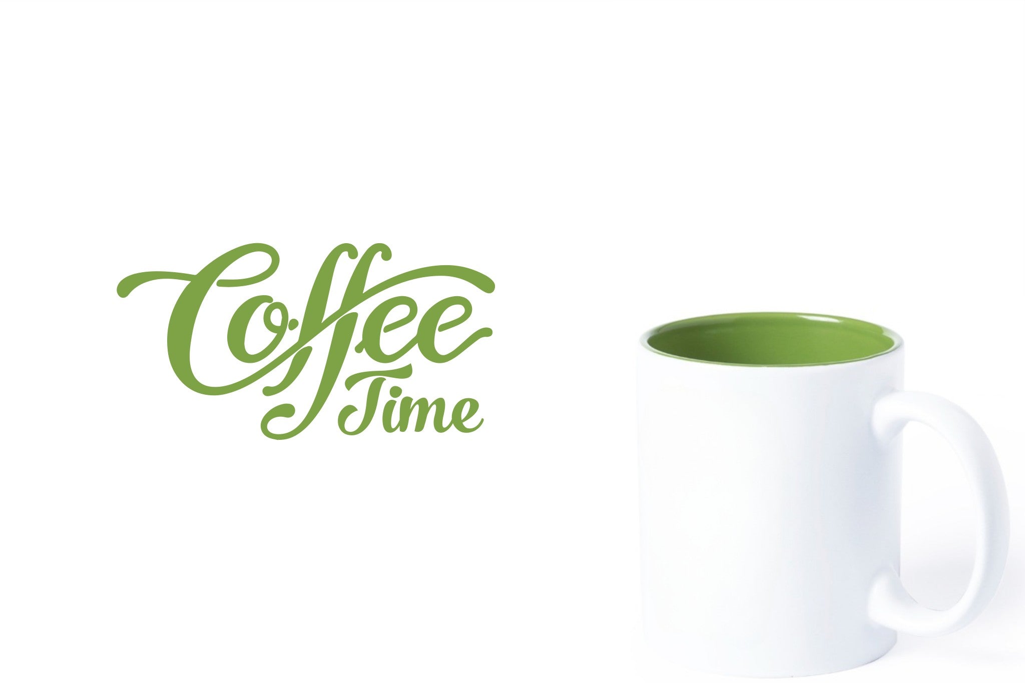 witte keramische mok met groene gravure  'Coffee time'.