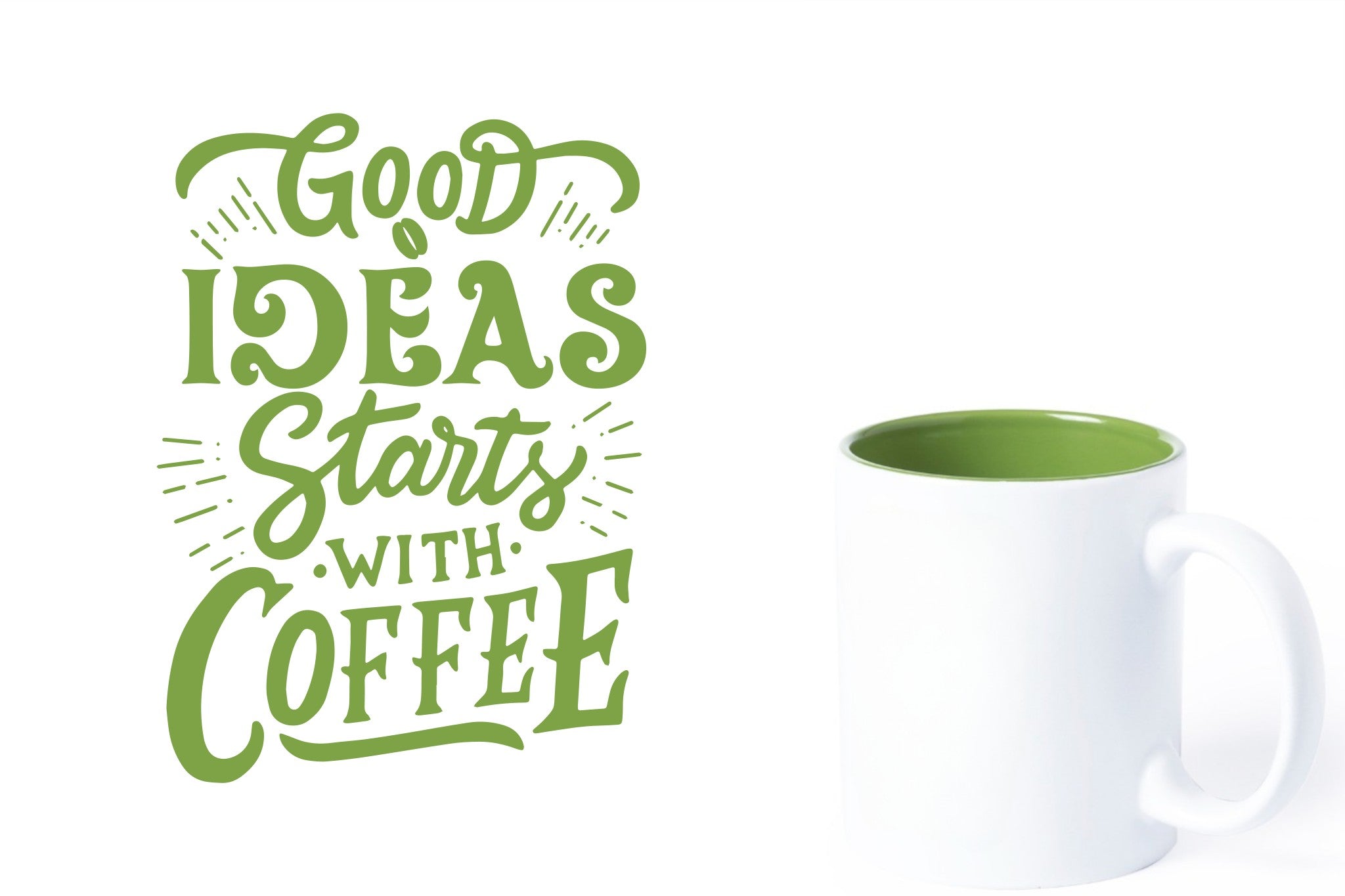 witte keramische mok met groene gravure  'Good ideas starts with coffee'.