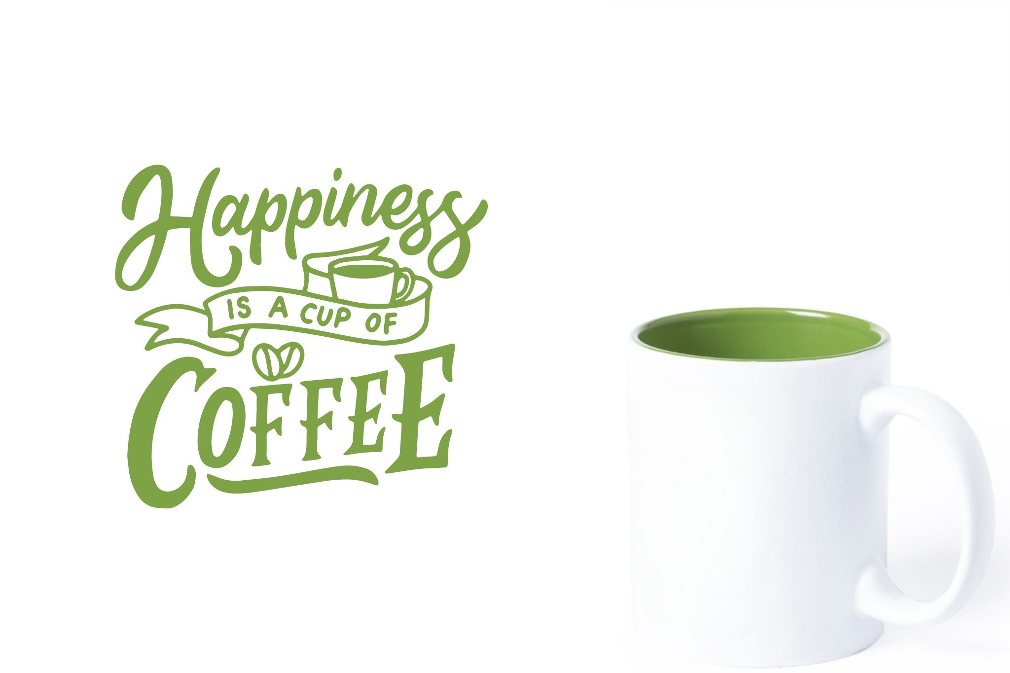 witte keramische mok met groene gravure  'Happiness is a cup of coffee'.
