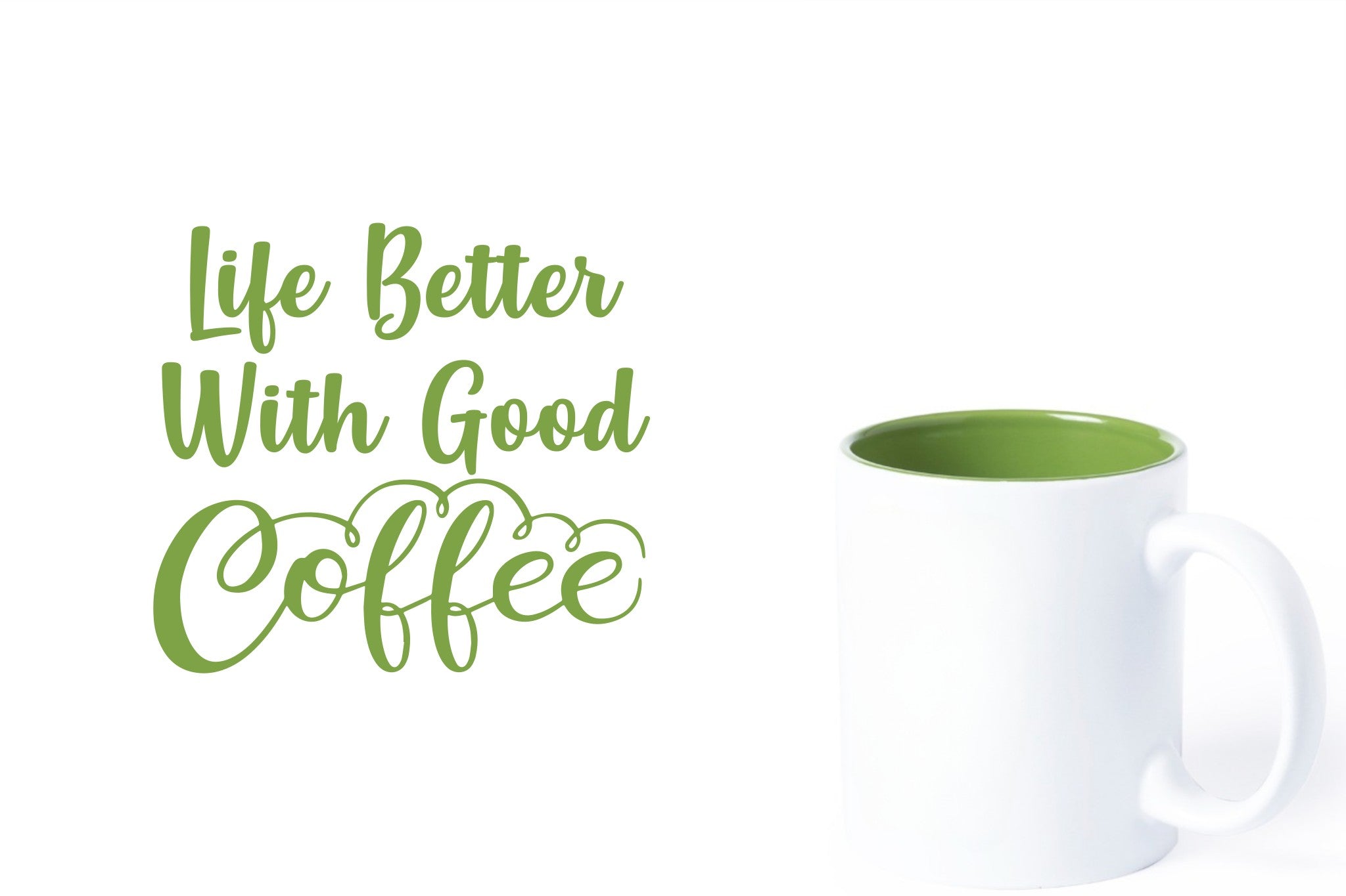 witte keramische mok met groene gravure  'Life is better with good coffee'.