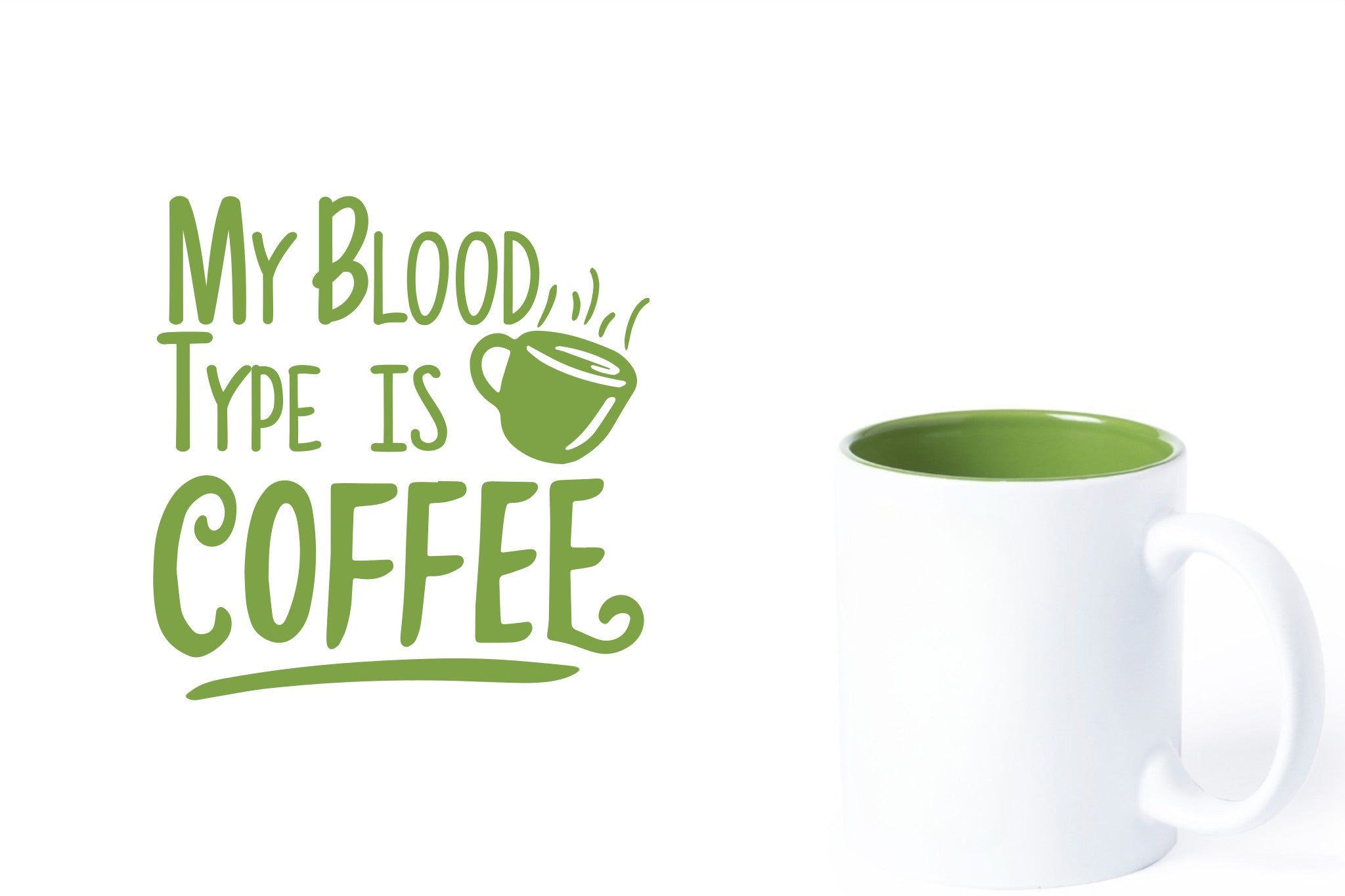 witte keramische mok met groene gravure  'My blood type is coffee'.