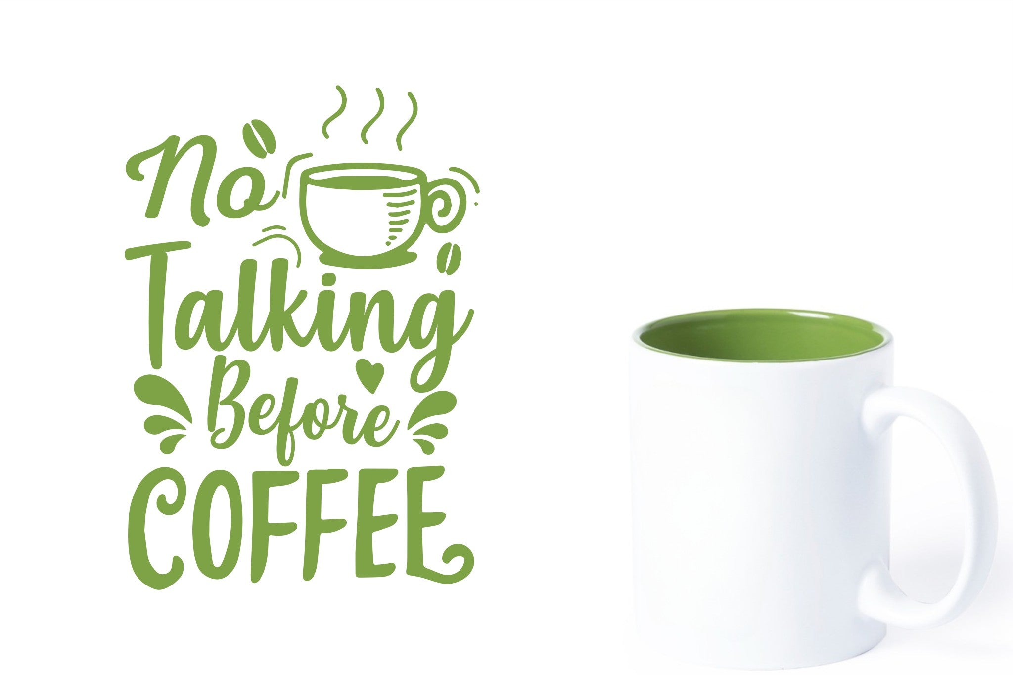witte keramische mok met groene gravure  'No talking before coffee'.