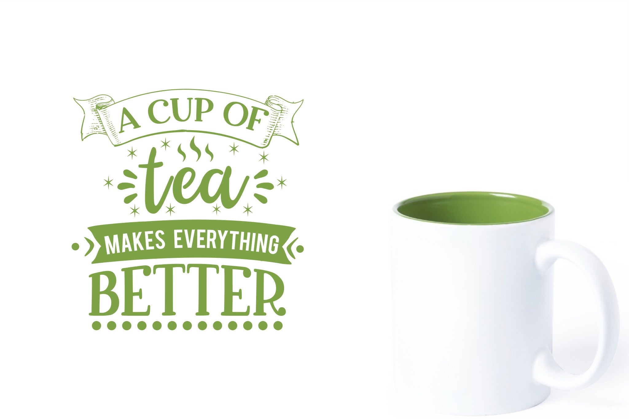 witte keramische mok met groene gravure  'A cup of tea makes everything better'.