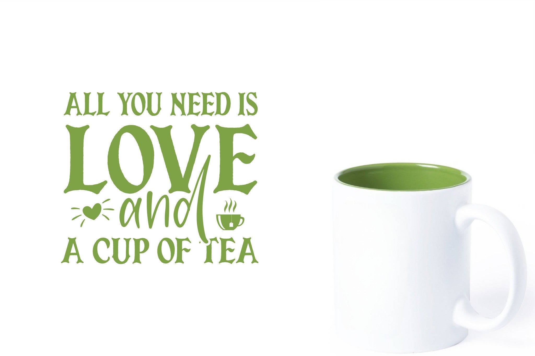 witte keramische mok met groene gravure  'All you need is love and a cup of tea'.