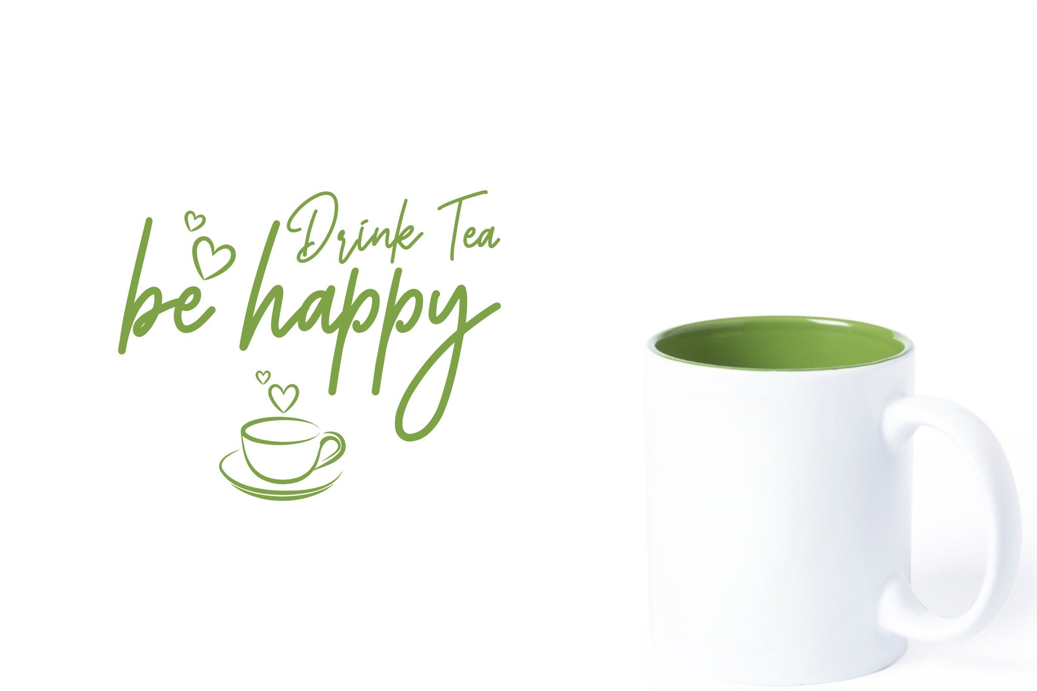 witte keramische mok met groene gravure  'Be happy drink tea'.