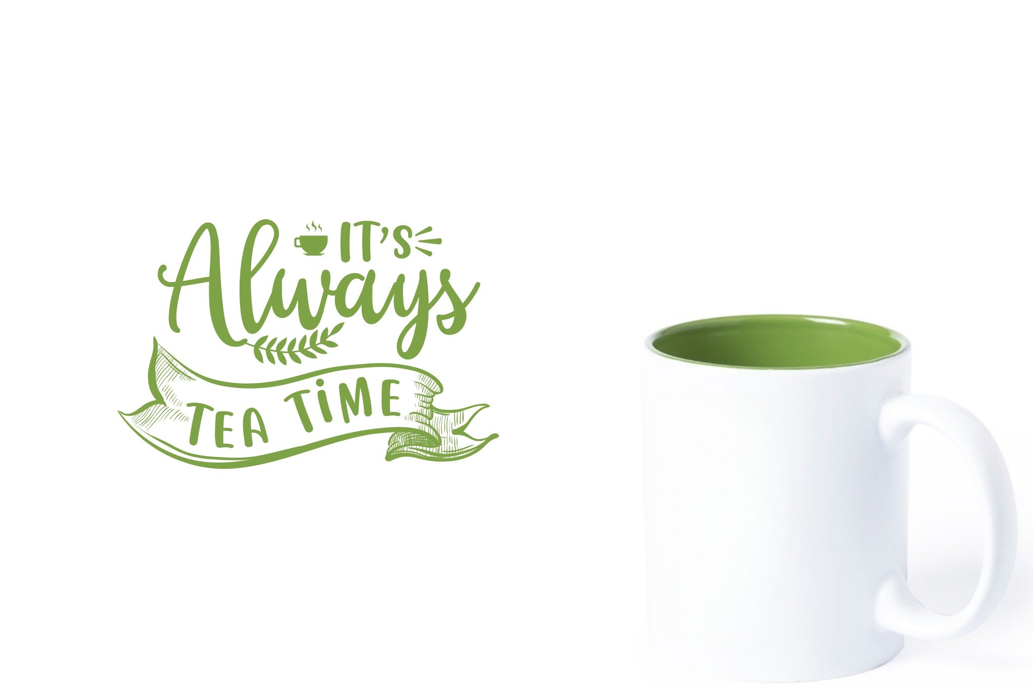 witte keramische mok met groene gravure  'It's always tea time'.