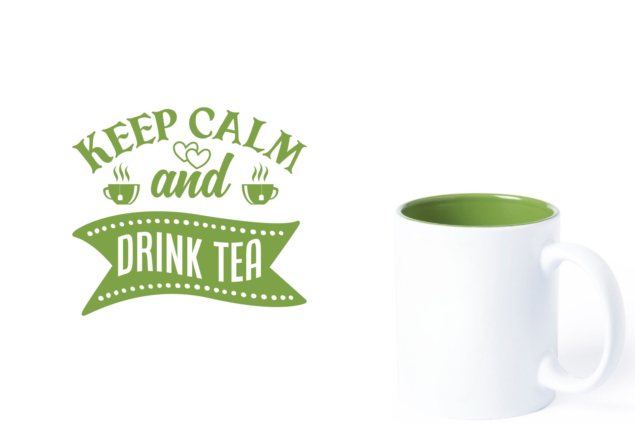 witte keramische mok met groene gravure  'Keep calm and drink tea'.