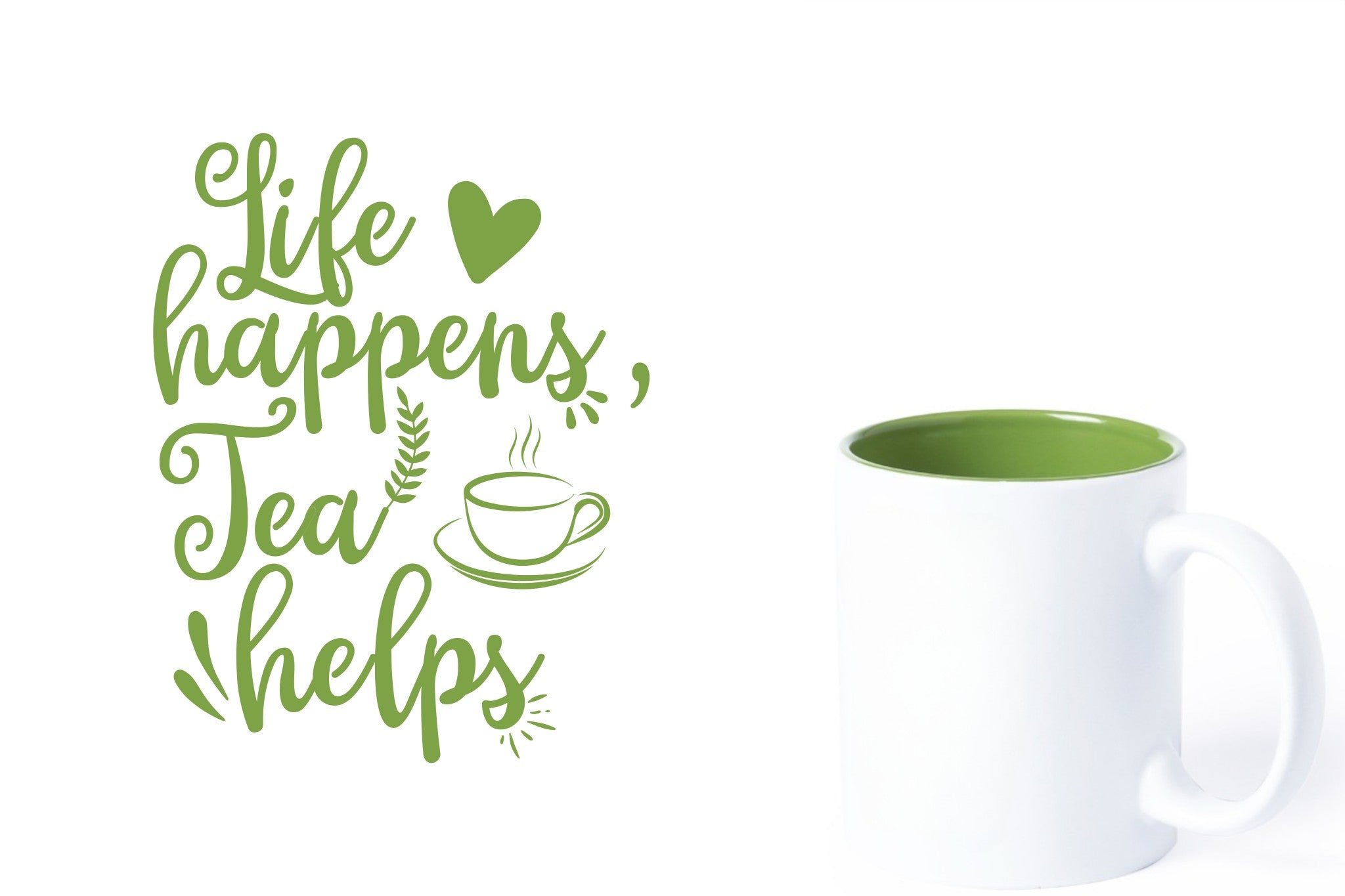 witte keramische mok met groene gravure  'Life happens tea helps'.