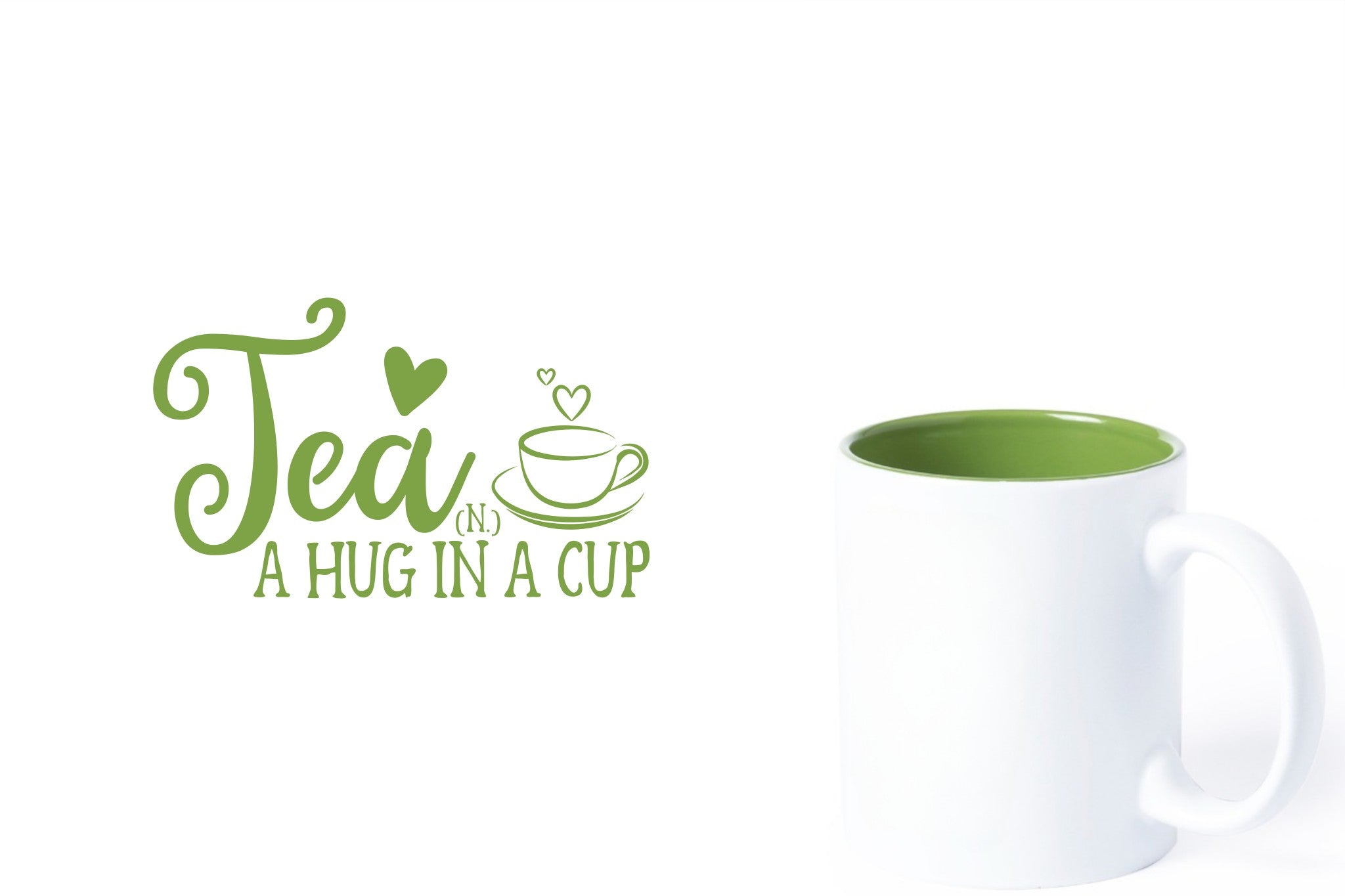 witte keramische mok met groene gravure  'Tea and a hug in a cup'.