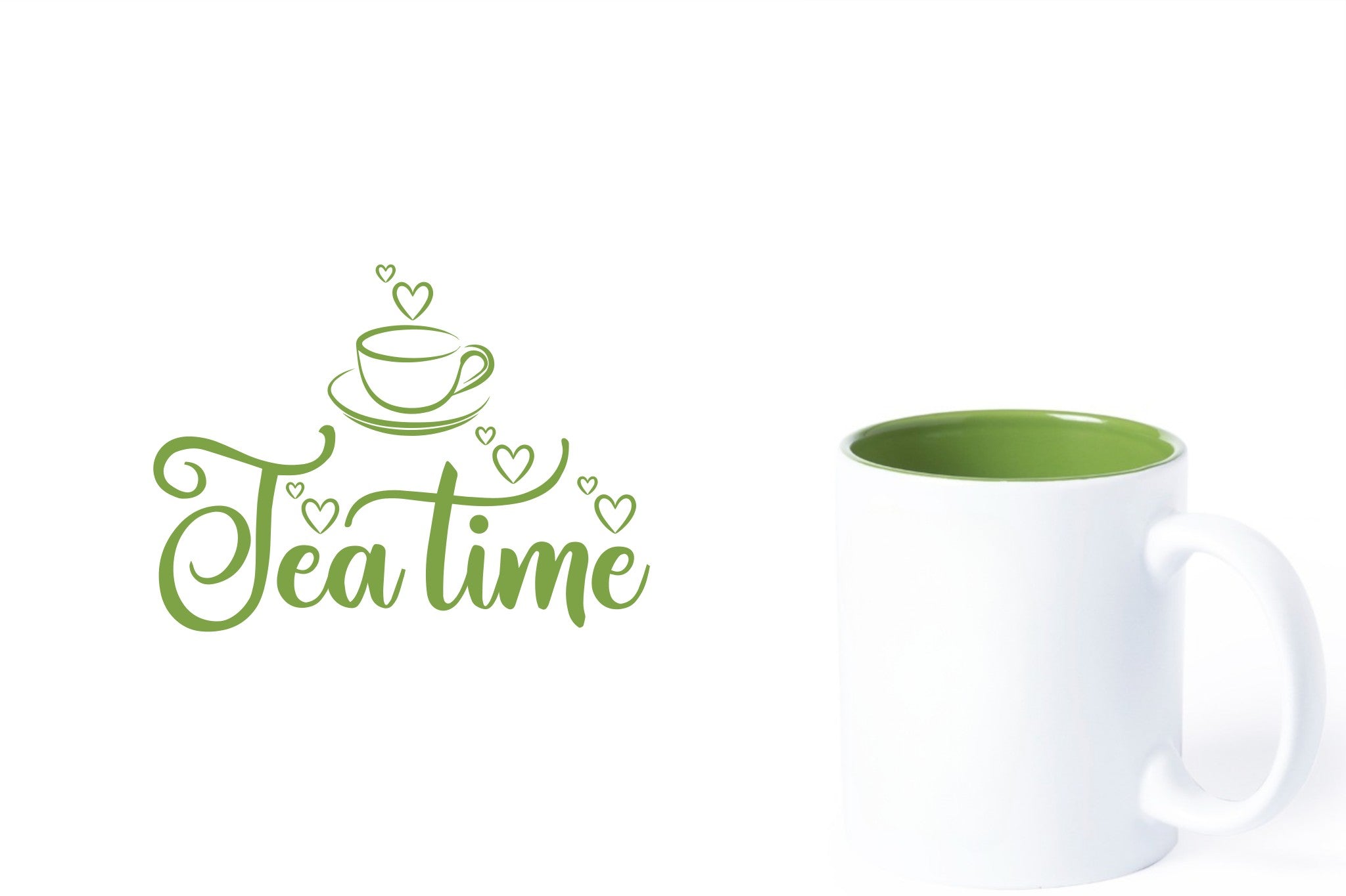 witte keramische mok met groene gravure  'tea time'.