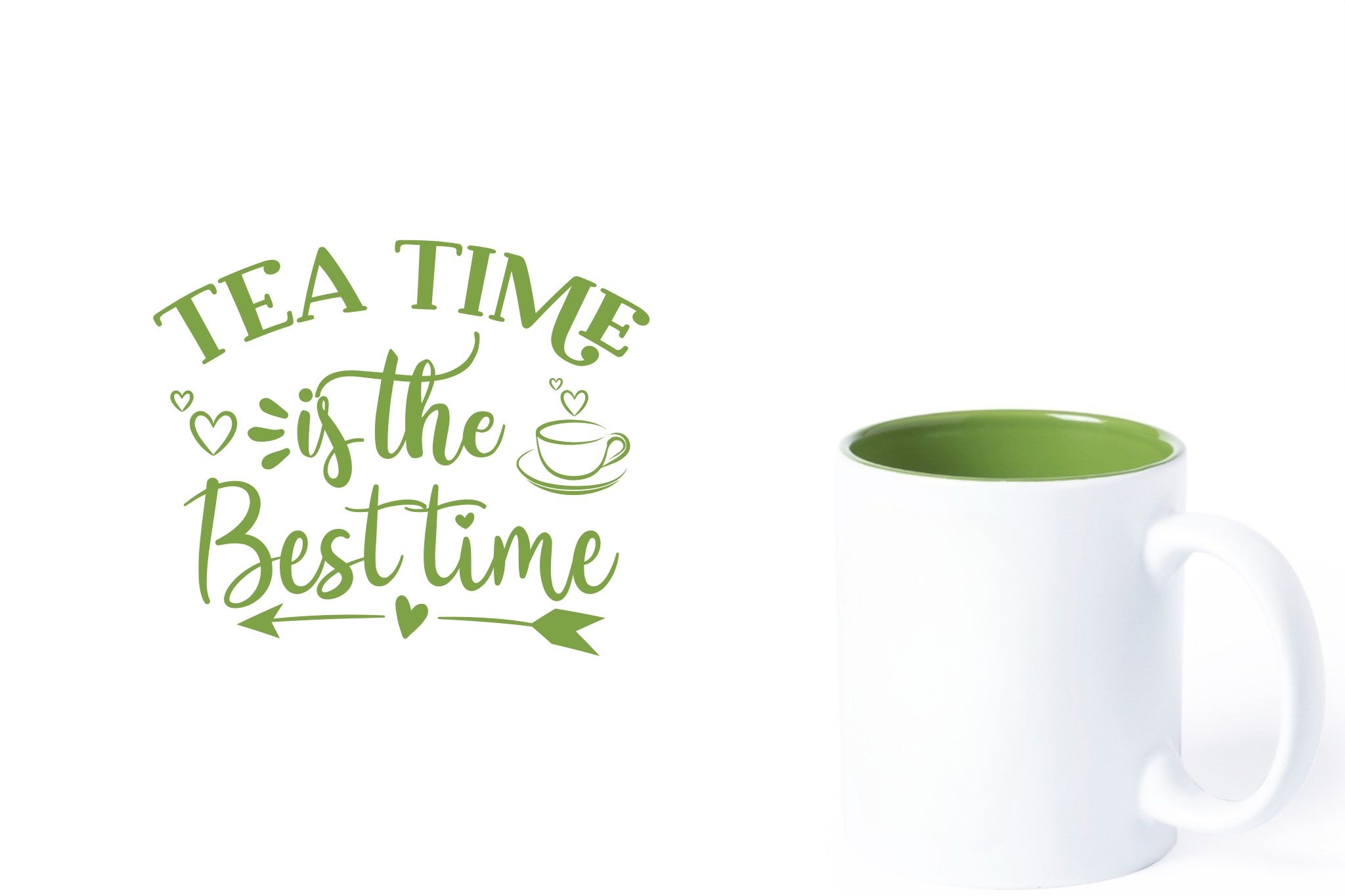 witte keramische mok met groene gravure  'Tea time is the best time'.