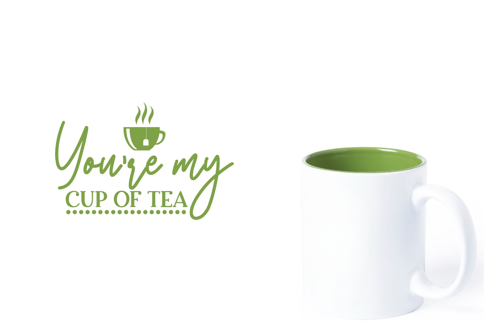witte keramische mok met groene gravure  'You're my cup of tea'.