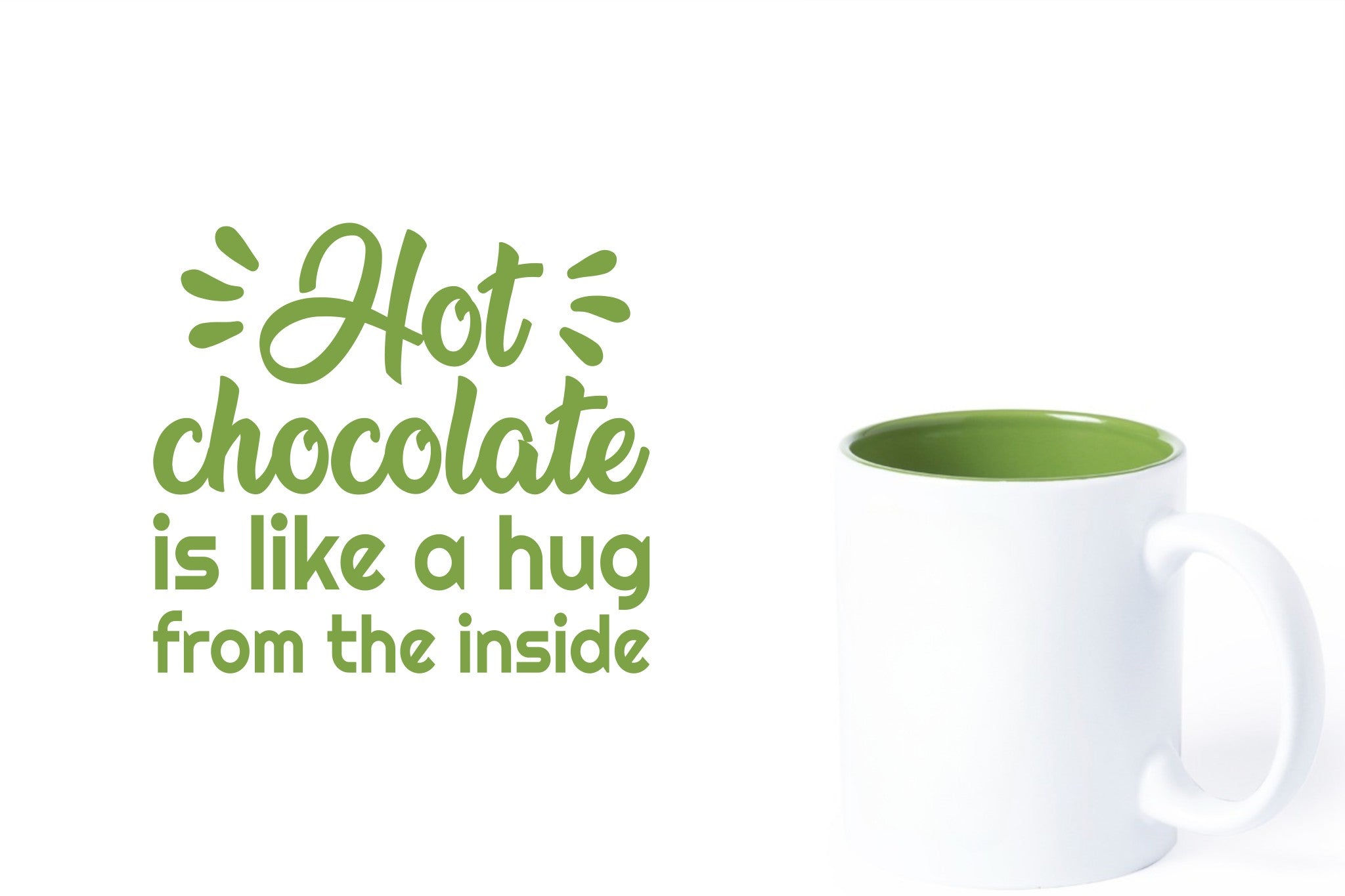 witte keramische mok met groene gravure  'Hot chocolate is like a hug from the inside'.
