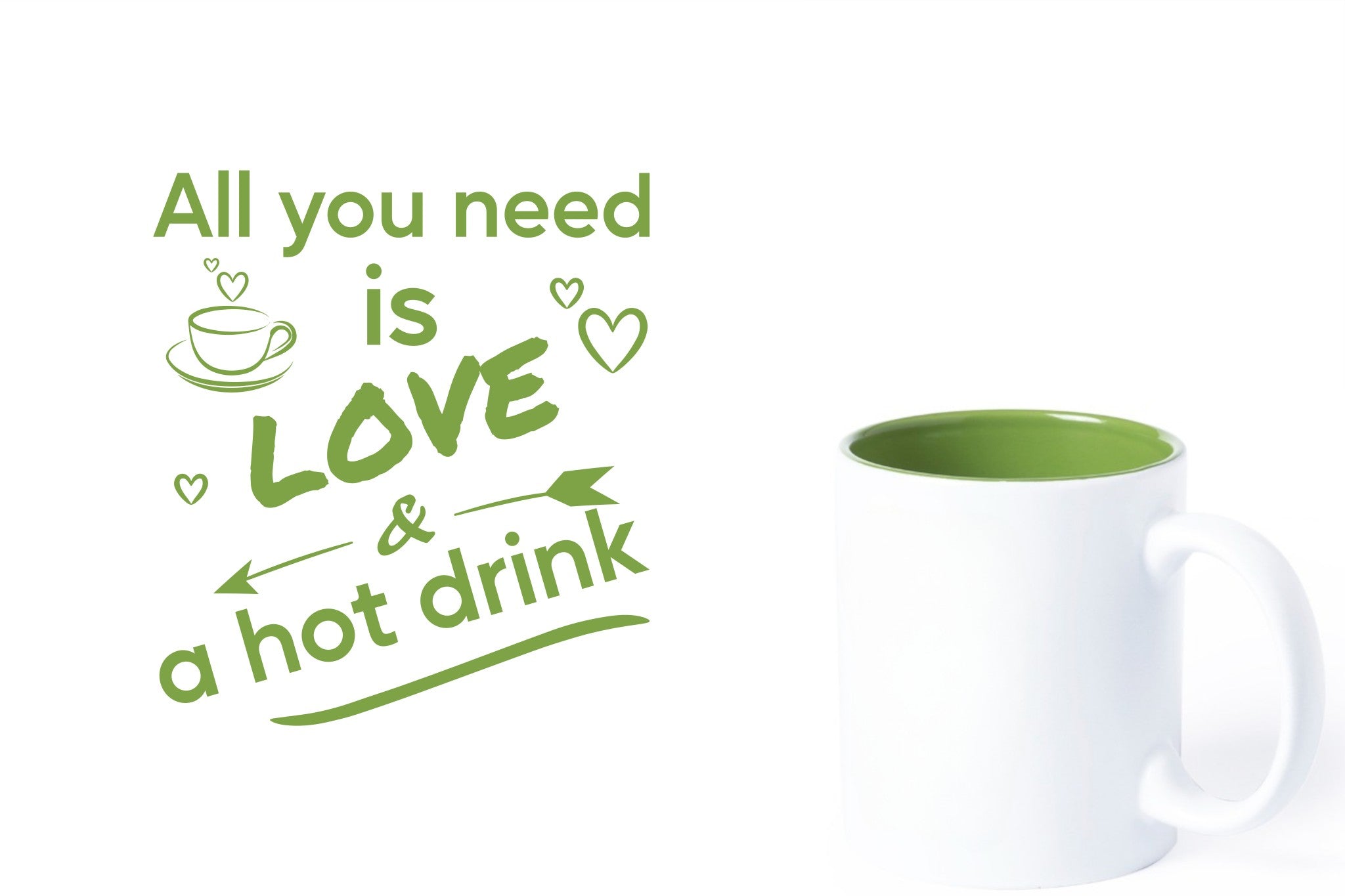 witte keramische mok met groene gravure  'All you need is love & a hot drink'.