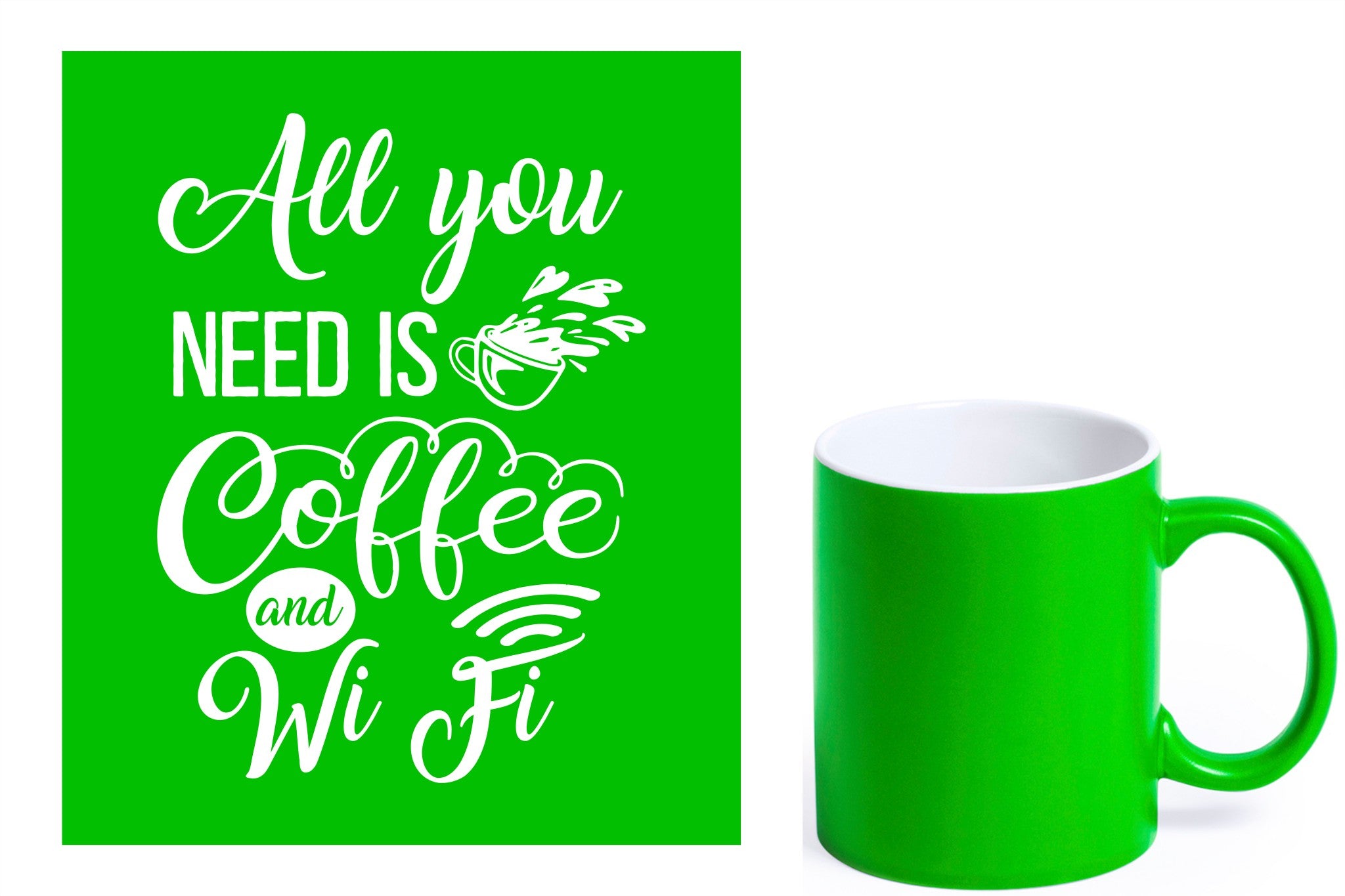 groene keramische mok met witte gravure  'All you need is coffee and wifi'.