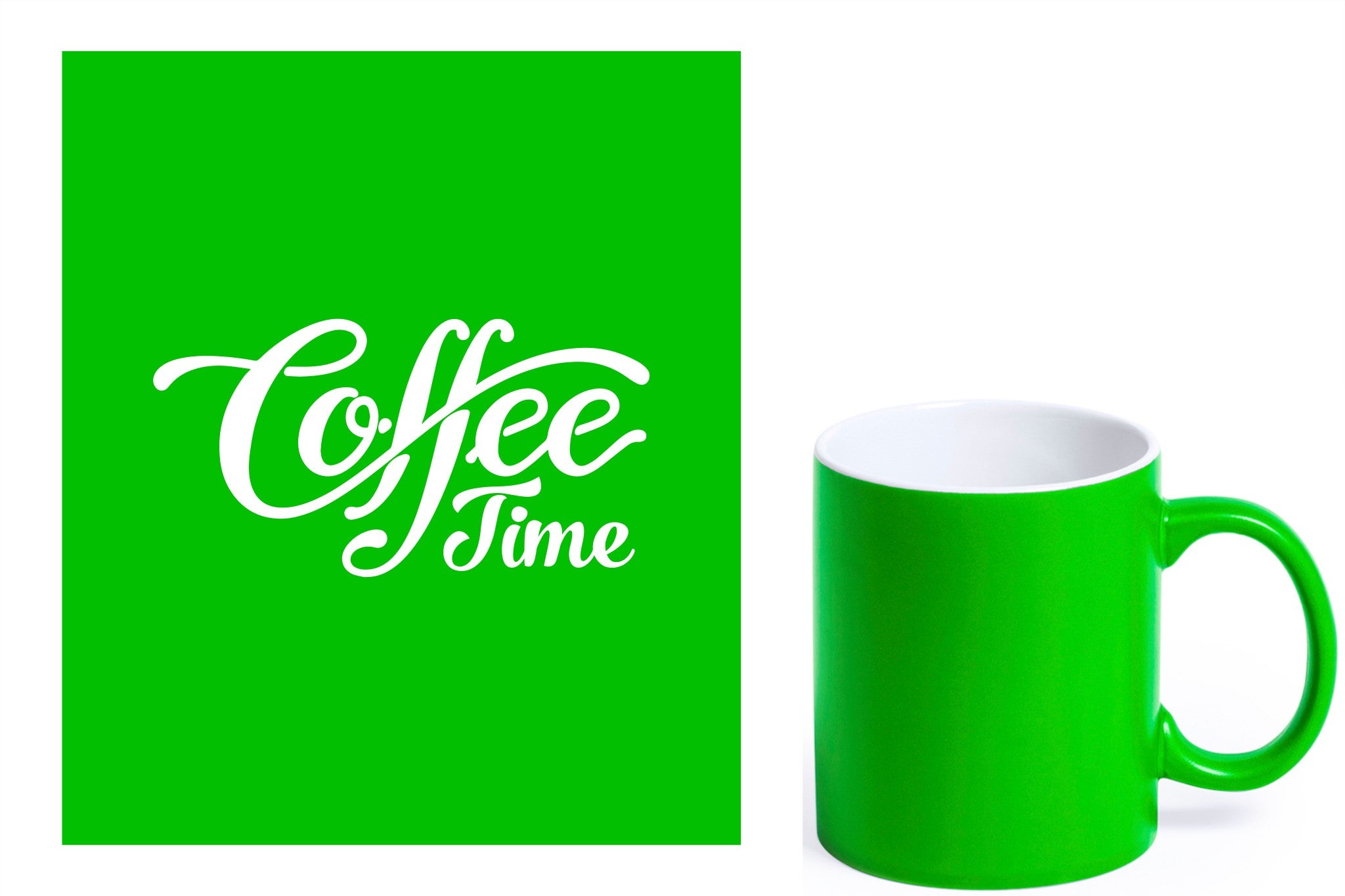 groene keramische mok met witte gravure  'Coffee time'.