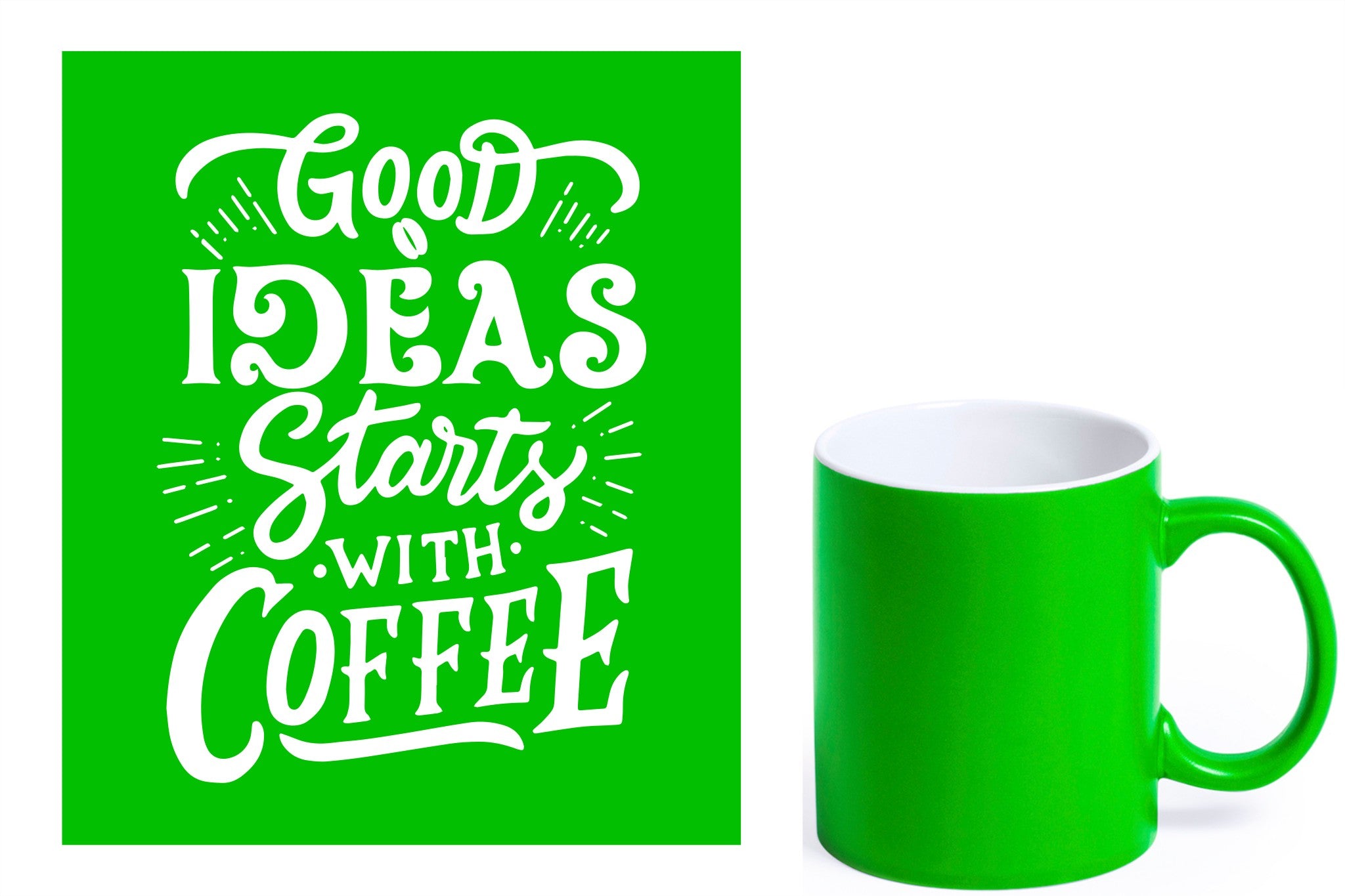 groene keramische mok met witte gravure  'Good ideas starts with coffee'.