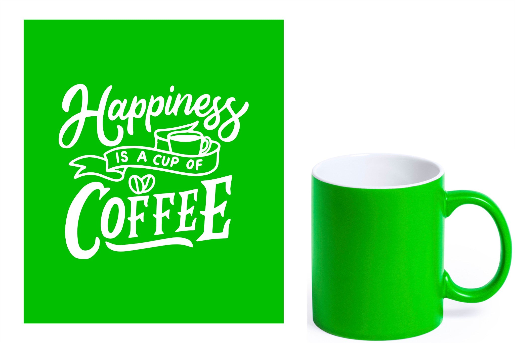 groene keramische mok met witte gravure  'Happiness is a cup of coffee'.