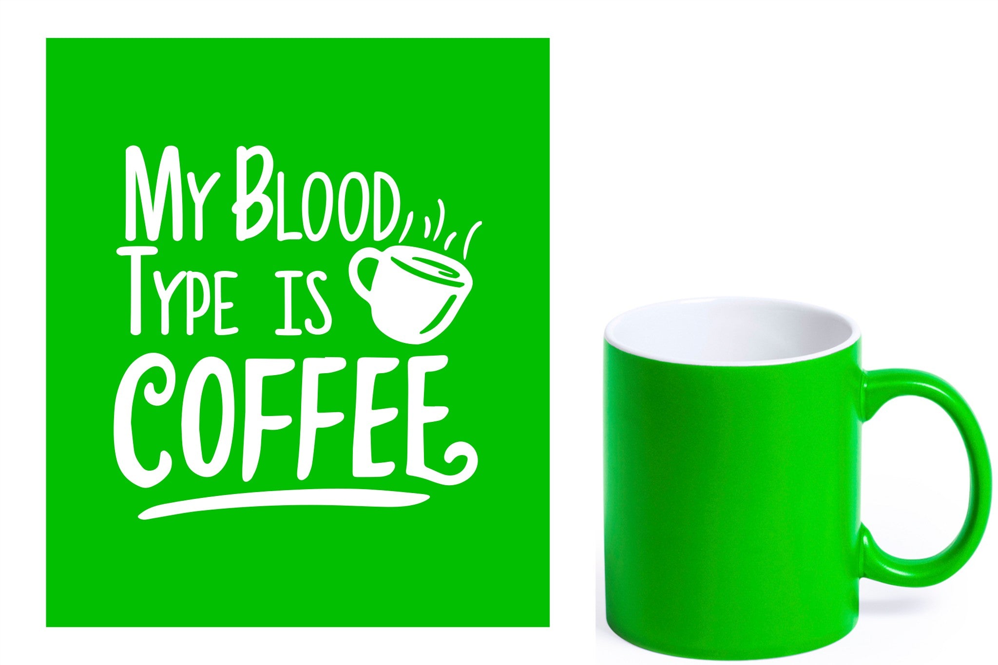 groene keramische mok met witte gravure  'My blood type is coffee'.