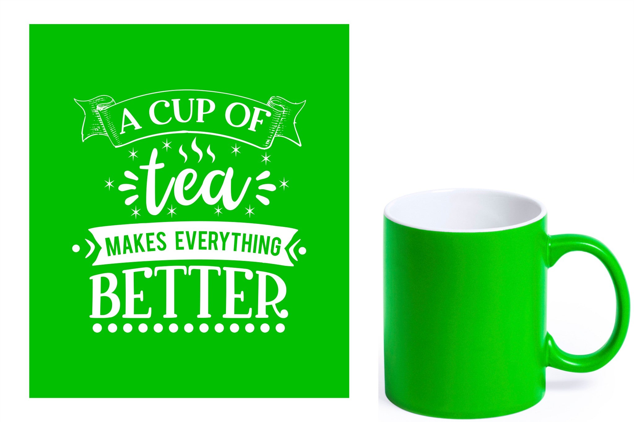 groene keramische mok met witte gravure  'A cup of tea makes everything better'.