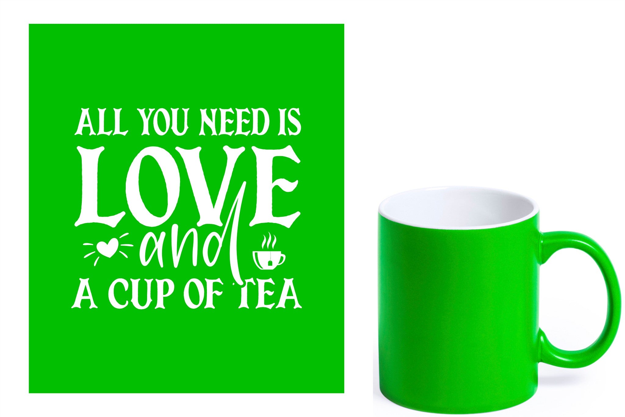 groene keramische mok met witte gravure  'All you need is love and a cup of tea'.