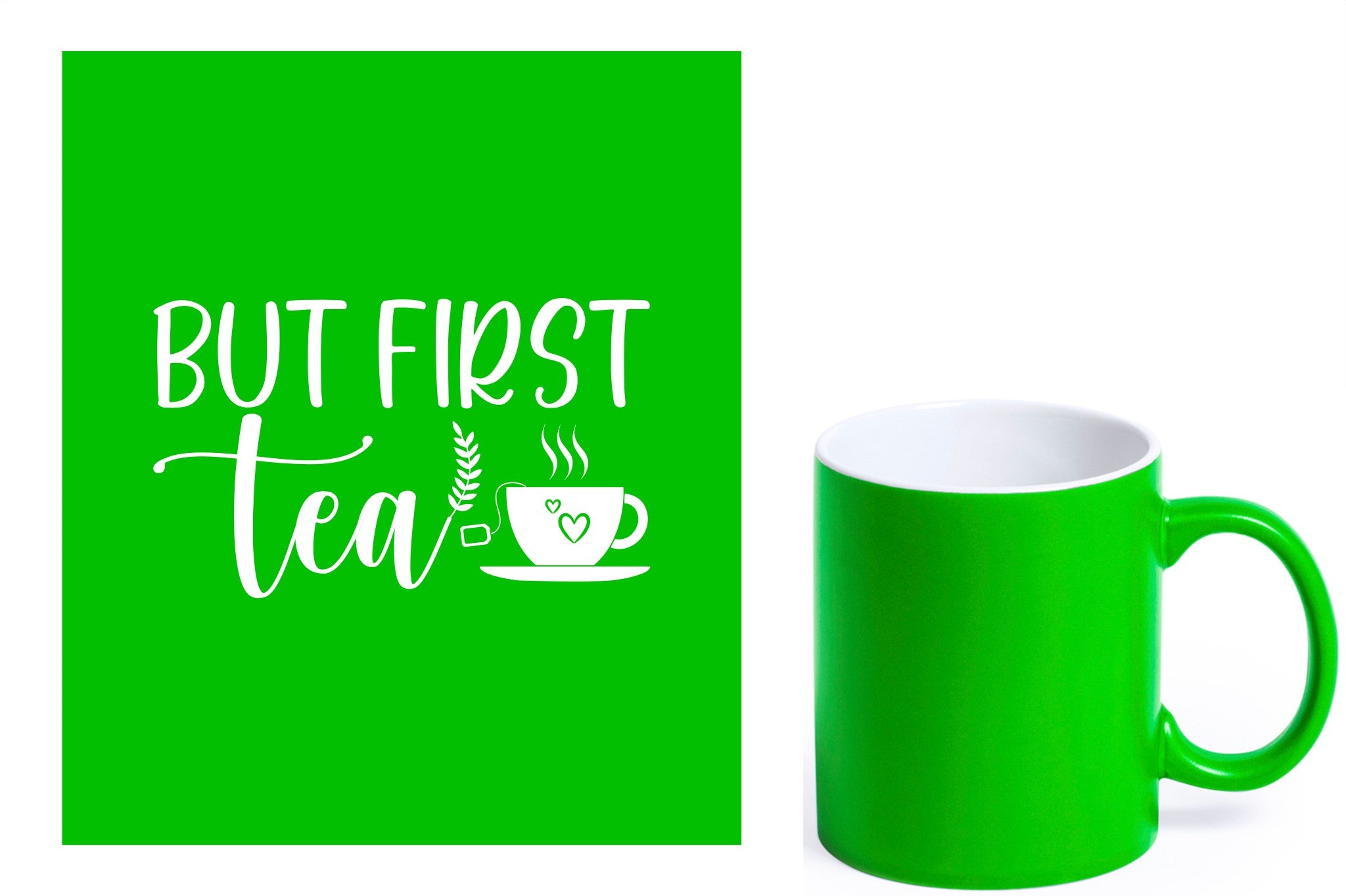 groene keramische mok met witte gravure  'But first tea'.