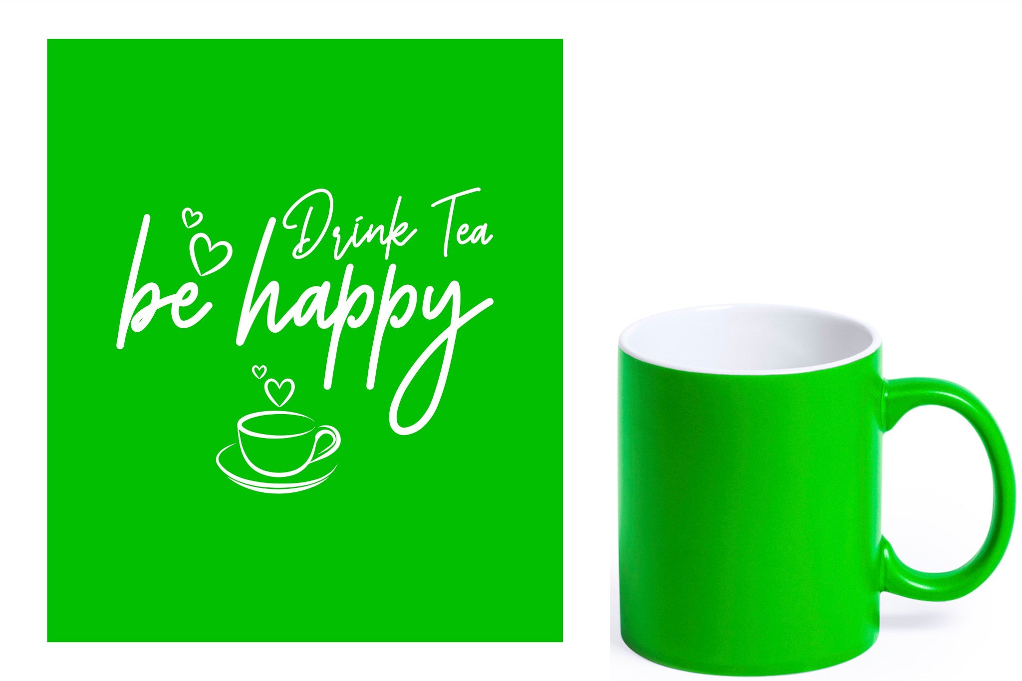 groene keramische mok met witte gravure  'Be happy drink tea'.