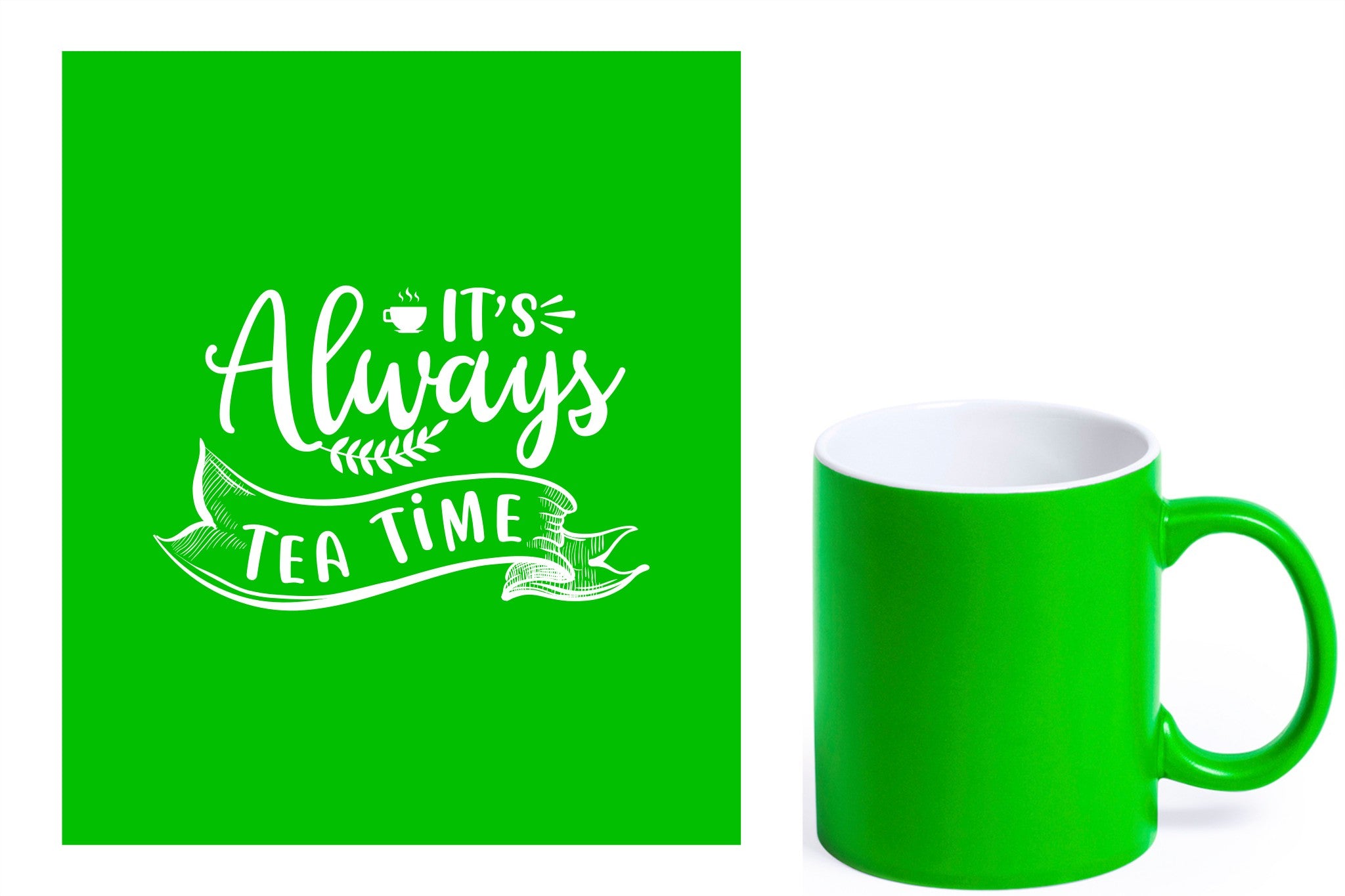 groene keramische mok met witte gravure  'It's always tea time'.