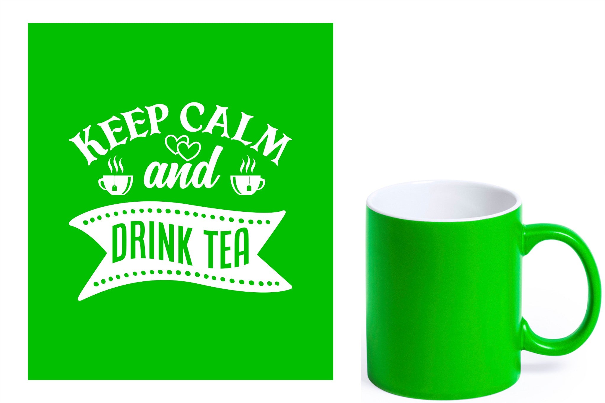 groene keramische mok met witte gravure  'Keep calm and drink tea'.