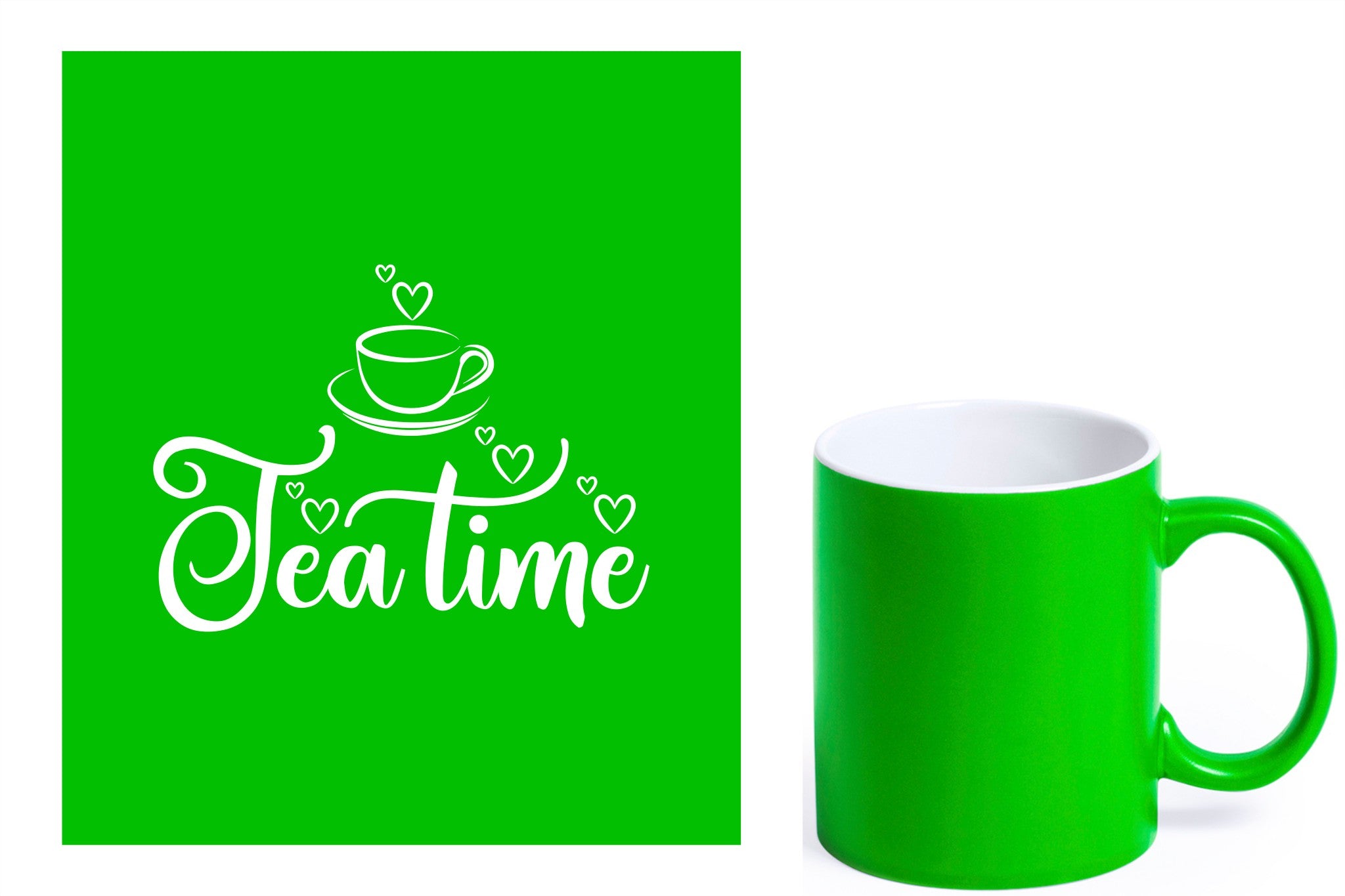 groene keramische mok met witte gravure  'tea time'.
