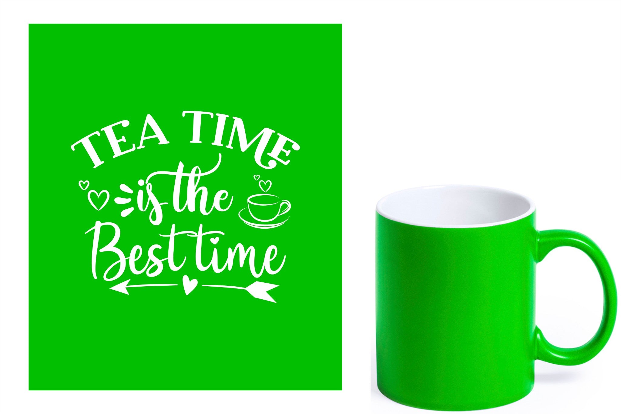 groene keramische mok met witte gravure  'Tea time is the best time'.