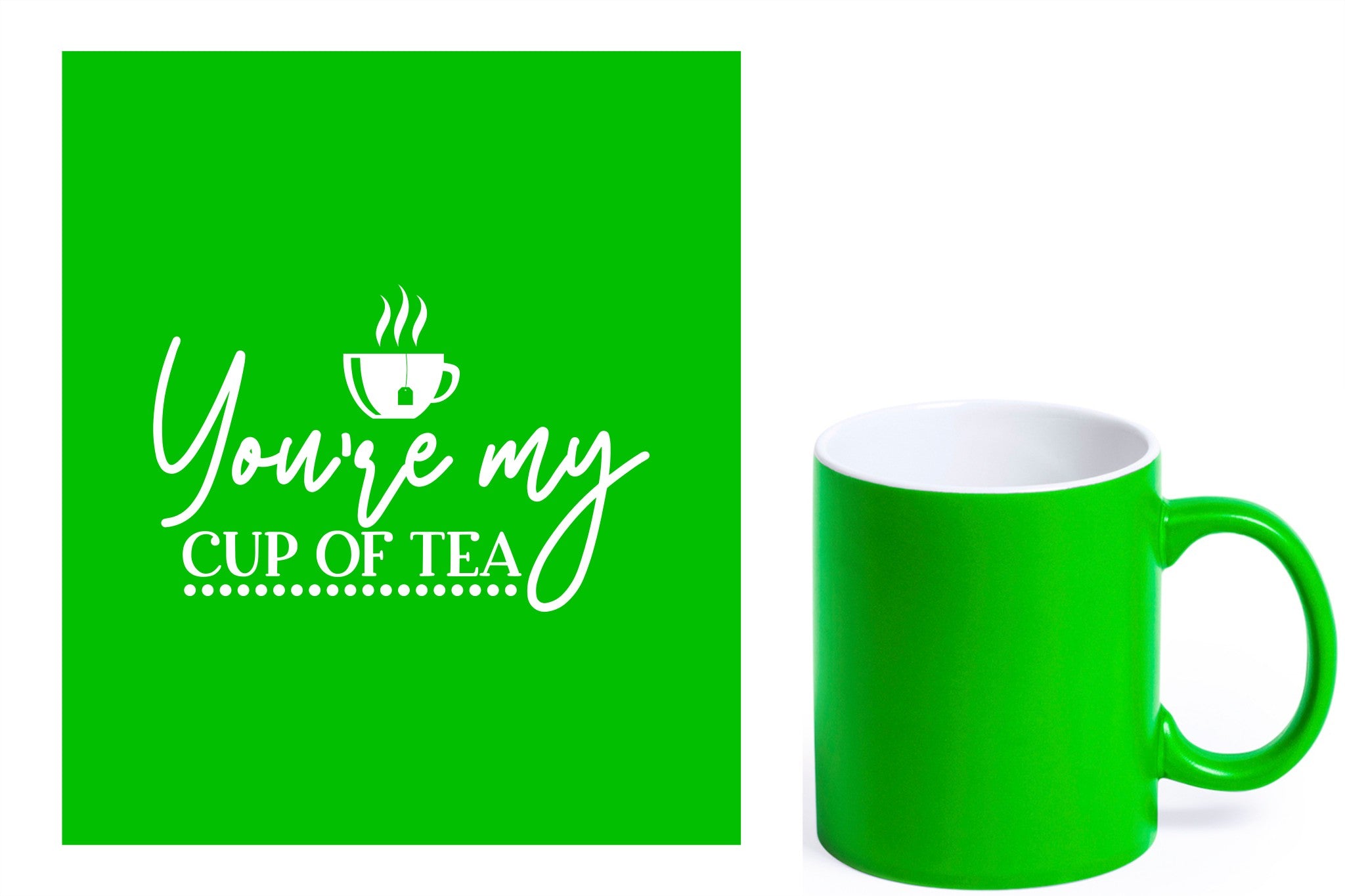 groene keramische mok met witte gravure  'You're my cup of tea'.