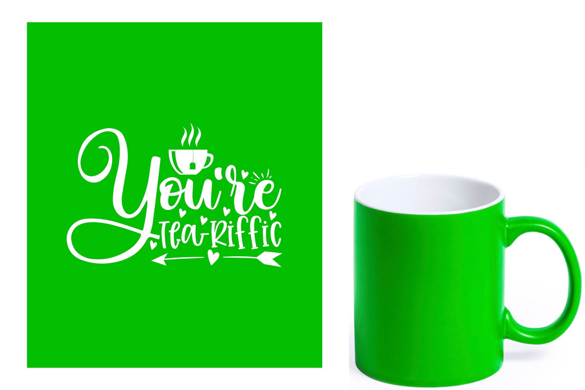 groene keramische mok met witte gravure  'You're teariffic'.