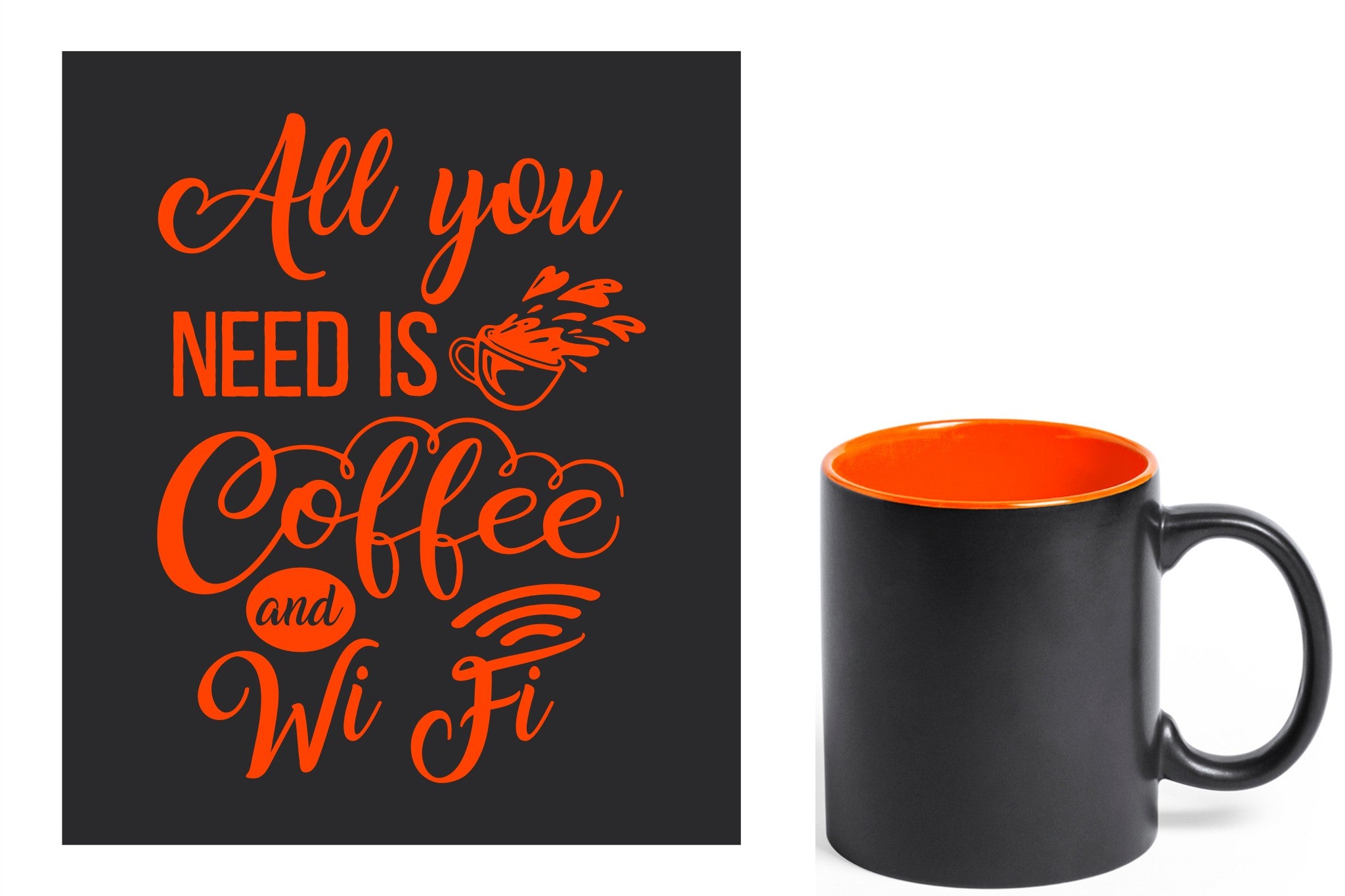 zwarte keramische mok met oranje gravure  'All you need is coffee and wifi'.