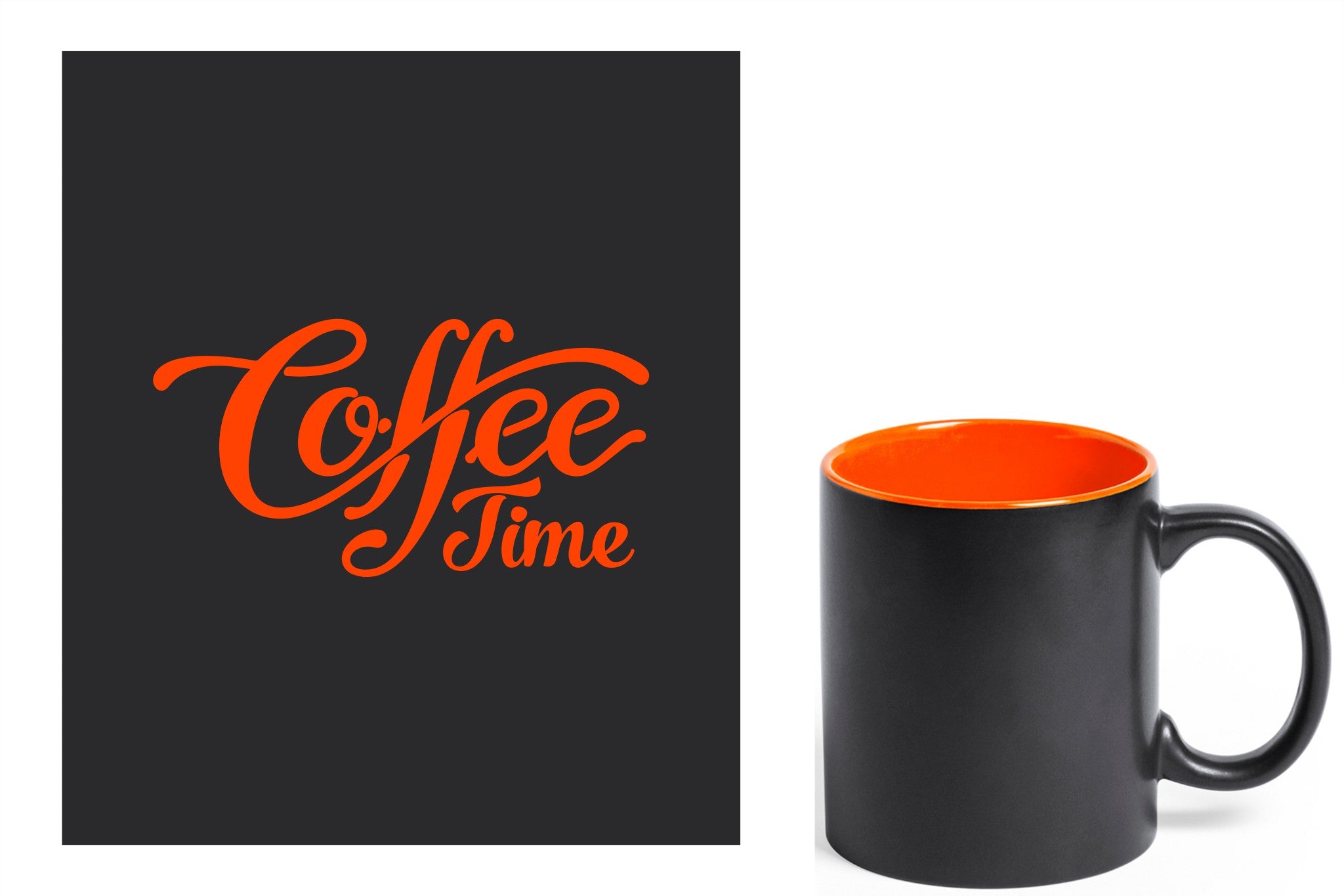 zwarte keramische mok met oranje gravure  'Coffee time'.