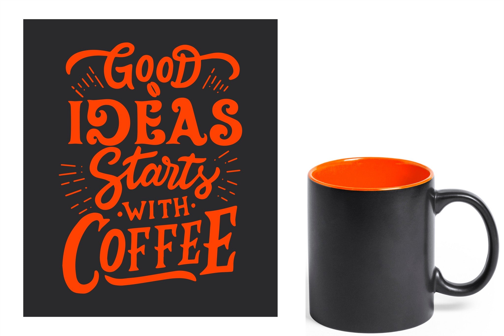 zwarte keramische mok met oranje gravure  'Good ideas starts with coffee'.