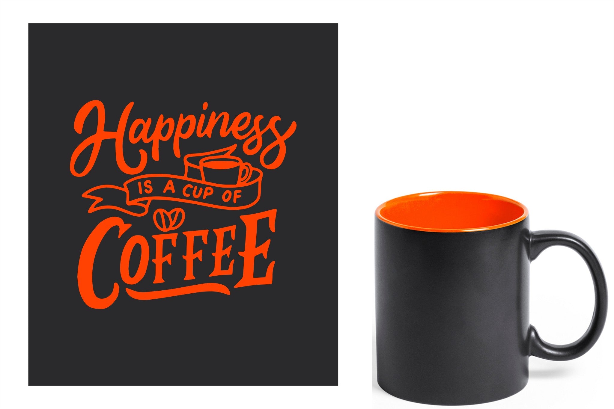 zwarte keramische mok met oranje gravure  'Happiness is a cup of coffee'.