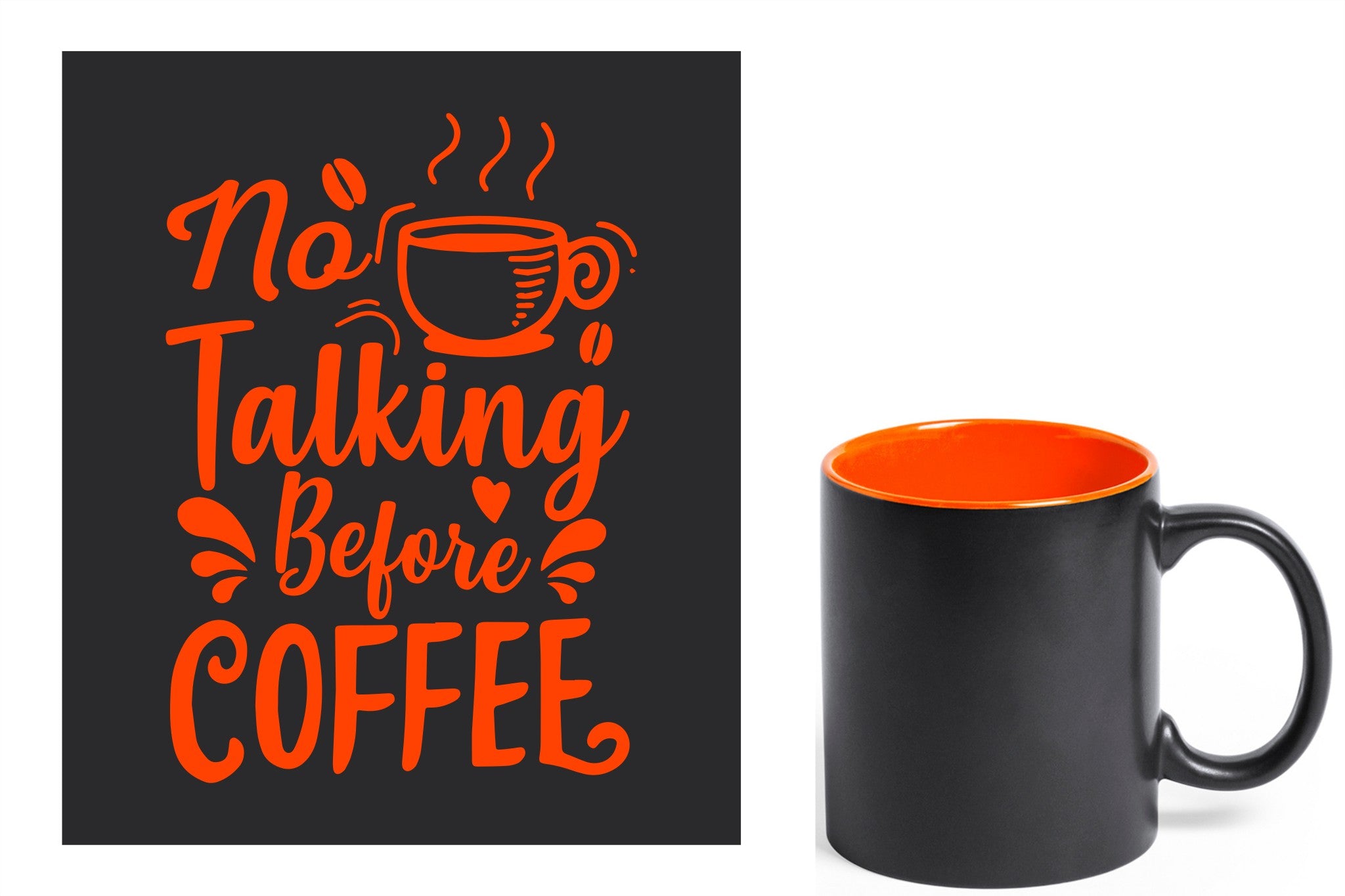 zwarte keramische mok met oranje gravure  'No talking before coffee'.