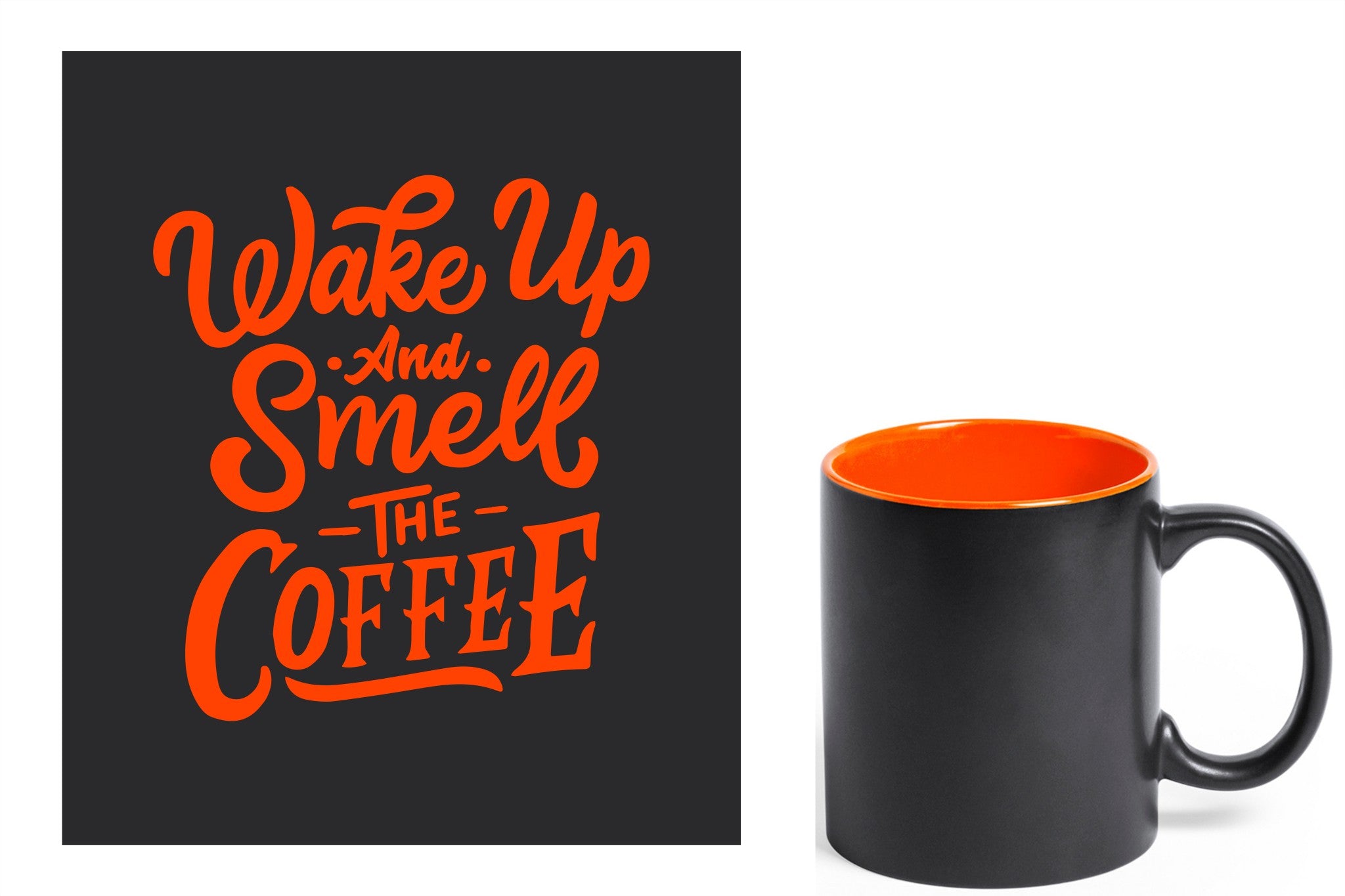 zwarte keramische mok met oranje gravure  'Wake up and smell the coffee'.